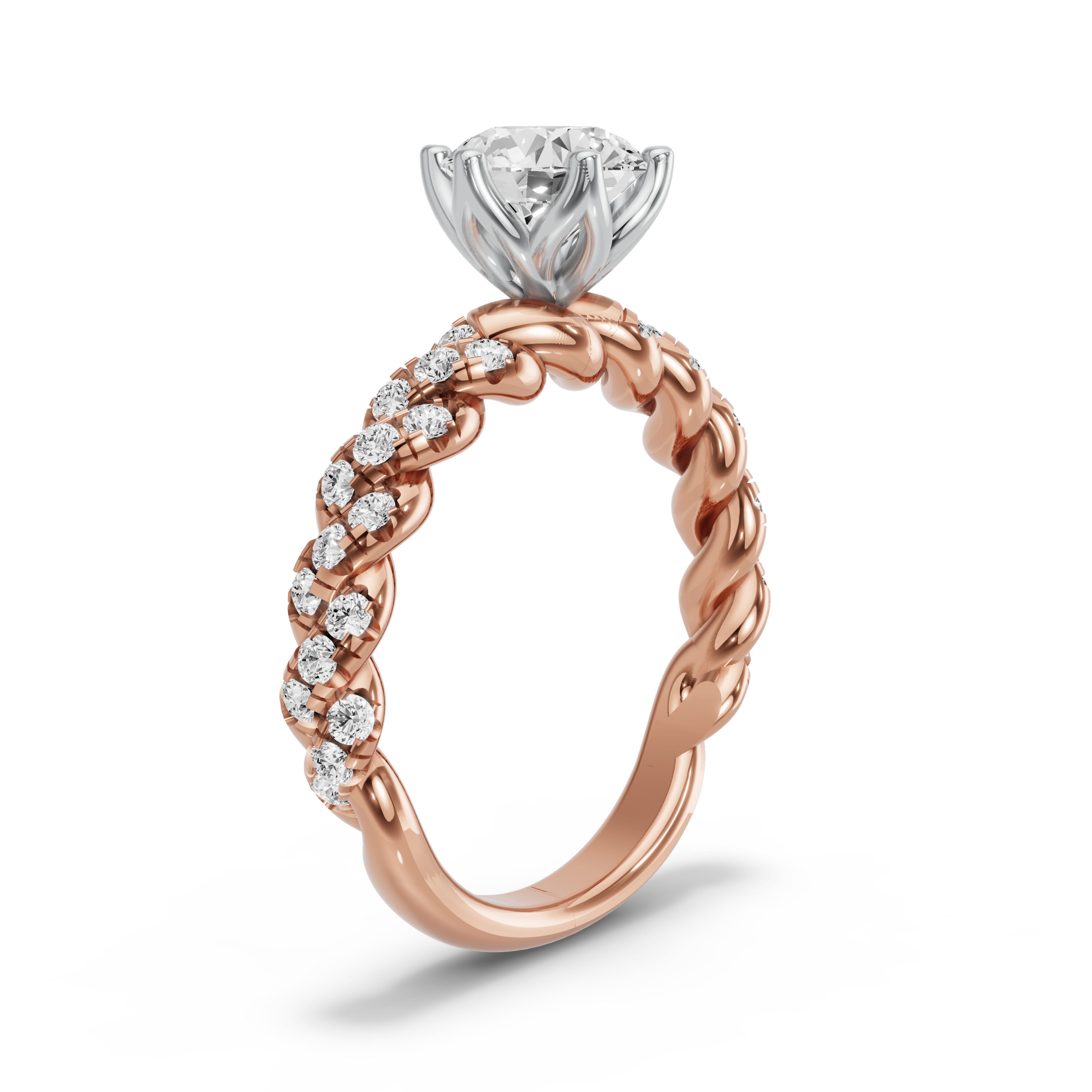 Image for Round Scallopes Six Prongs Ring with Twist Pave band in 10K Two Tone Rose Gold