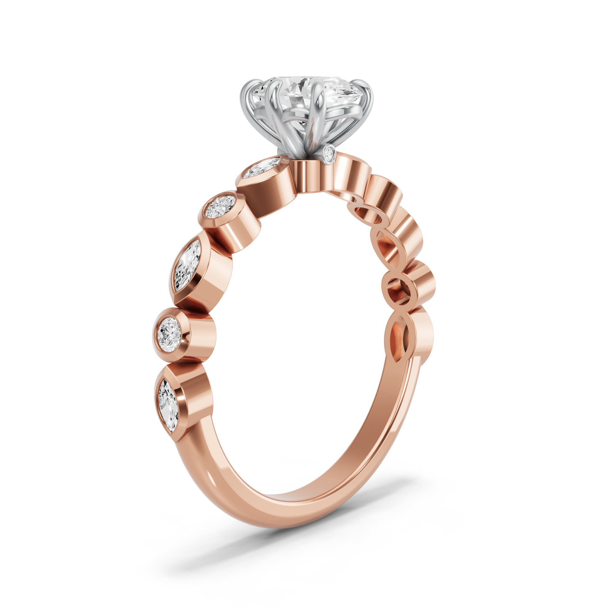 Image for Oval Six Prong diamond Ring with Alternating Marquise band in 14K Two Tone Rose Gold