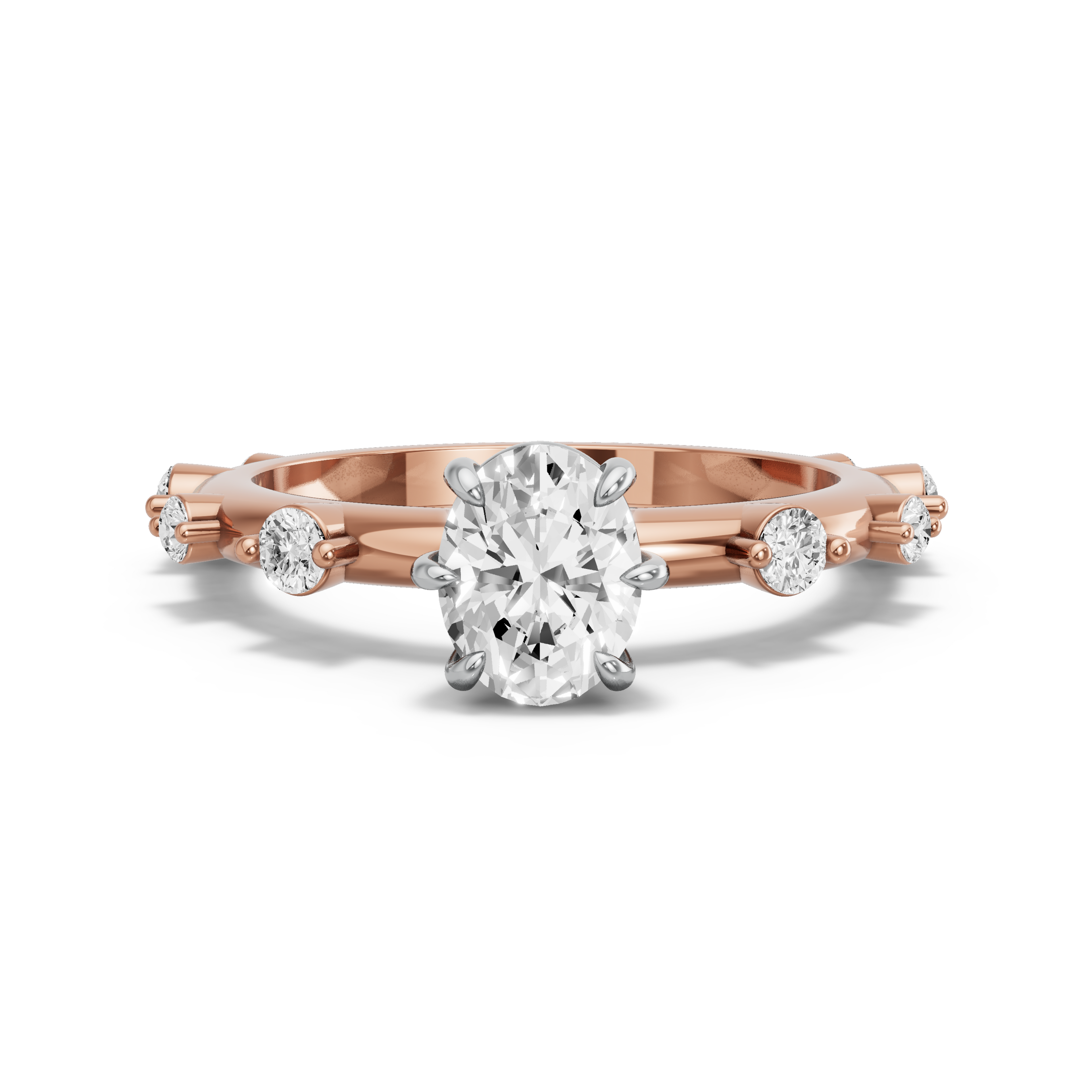 Image for Oval Six Prong diamond Ring with Floating Station band in 10K Two Tone Rose Gold