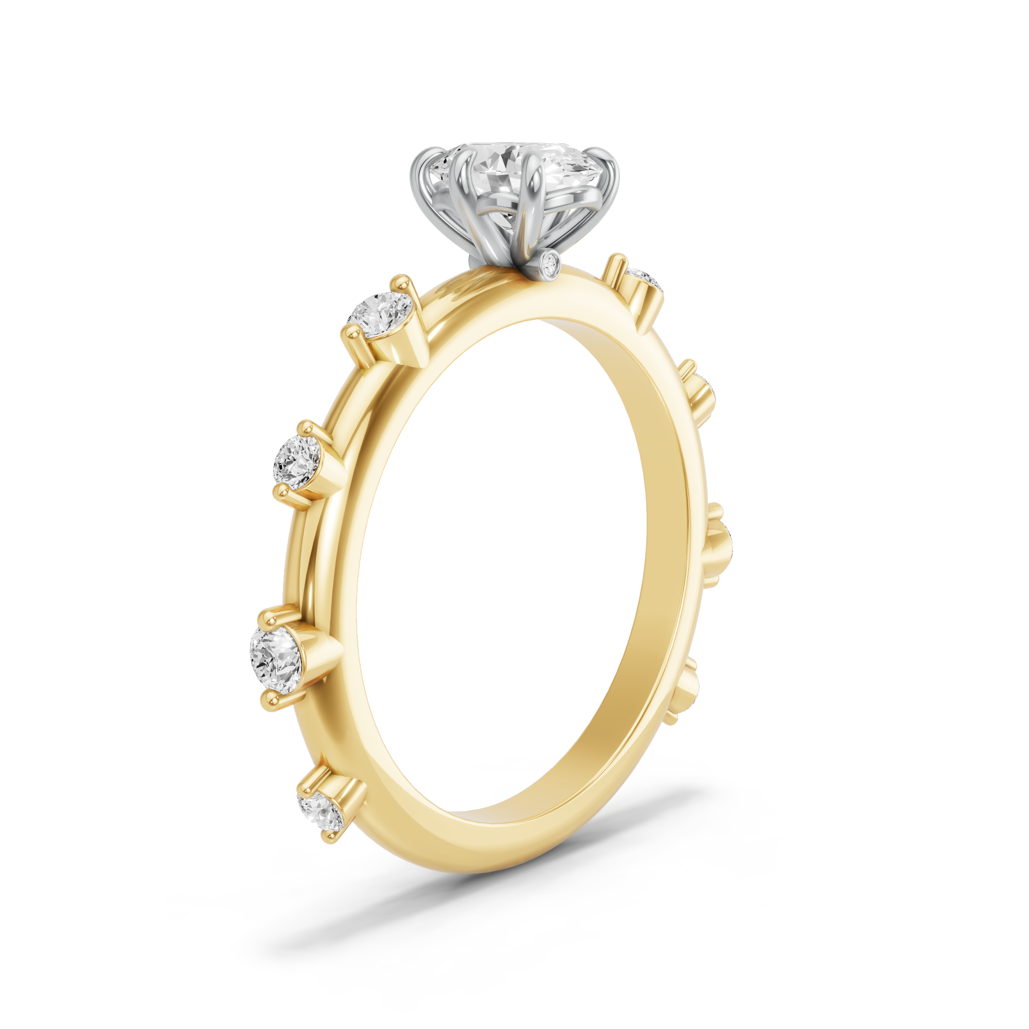 Image for Oval Six Prong diamond Ring with Floating Station band in 18K Two Tone Yellow Gold