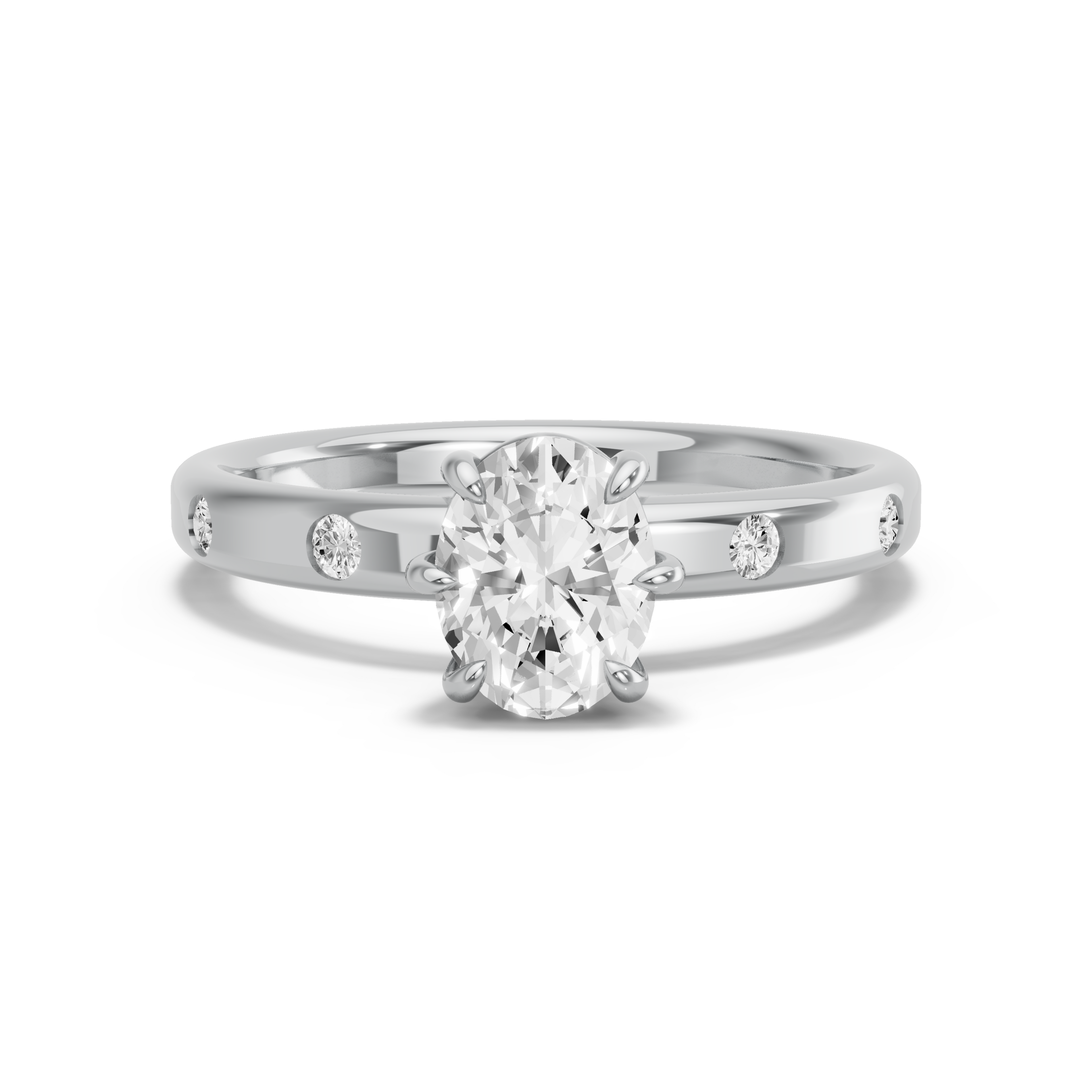 Image for Oval Six Prong diamond Ring with Sleek Accent band in 18K White Gold