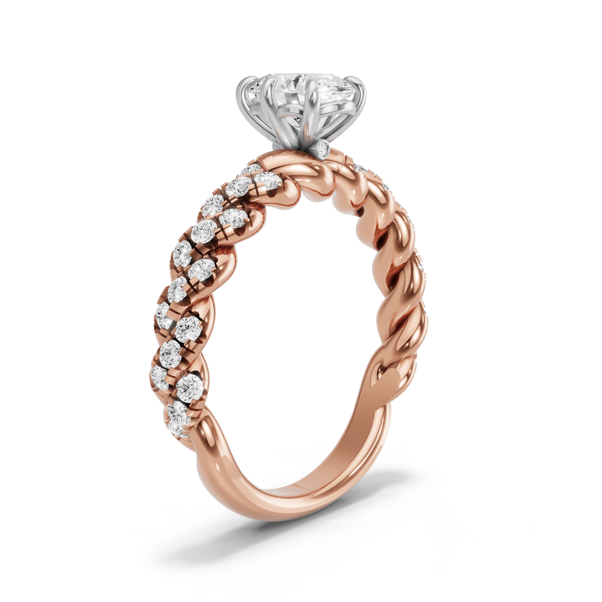 Image for Oval Six Prong diamond Ring with Twist Pave band in 18K Two Tone Rose Gold