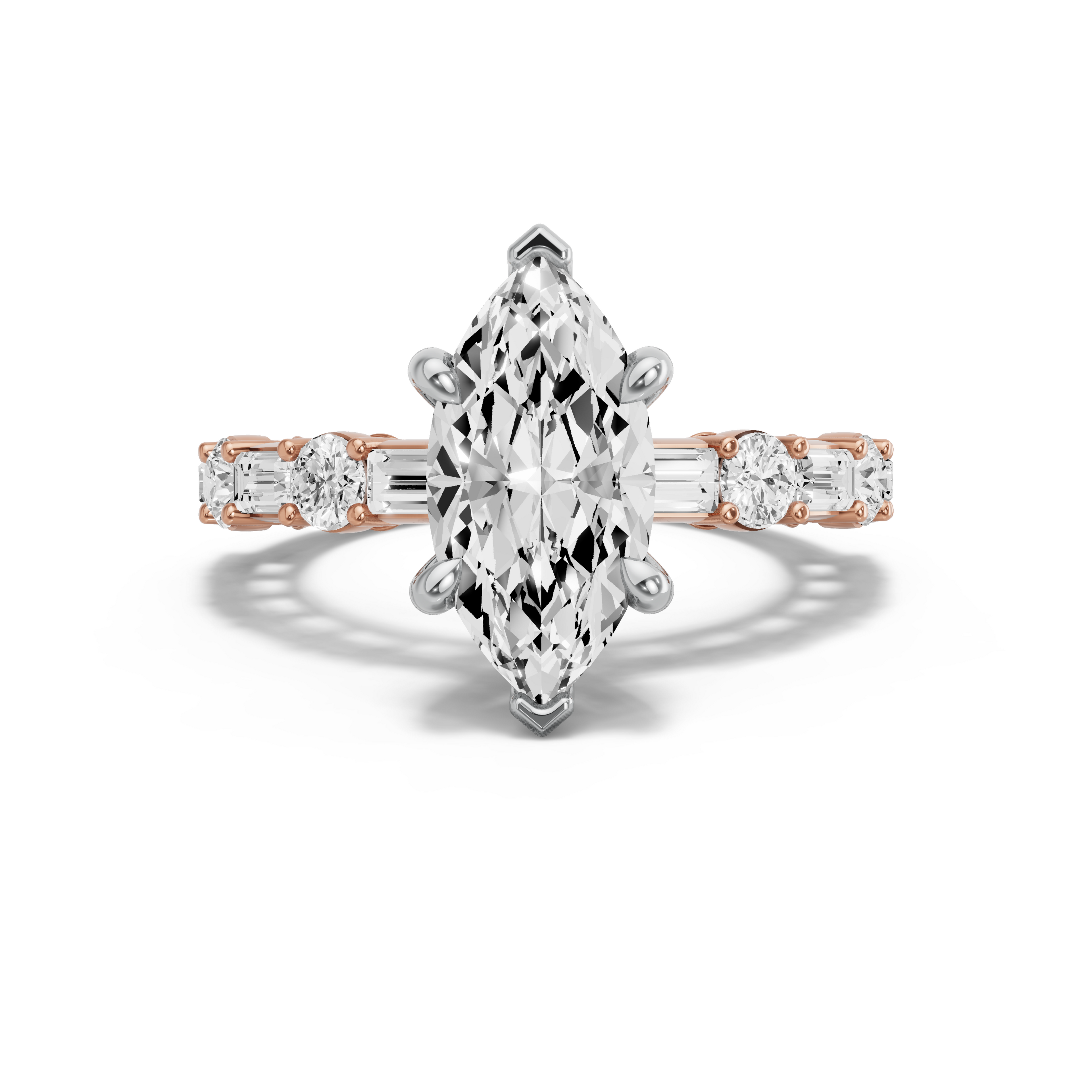 Image for Marquise Six Prong Ring with Alternating Baguette band in 14K Two Tone Rose Gold