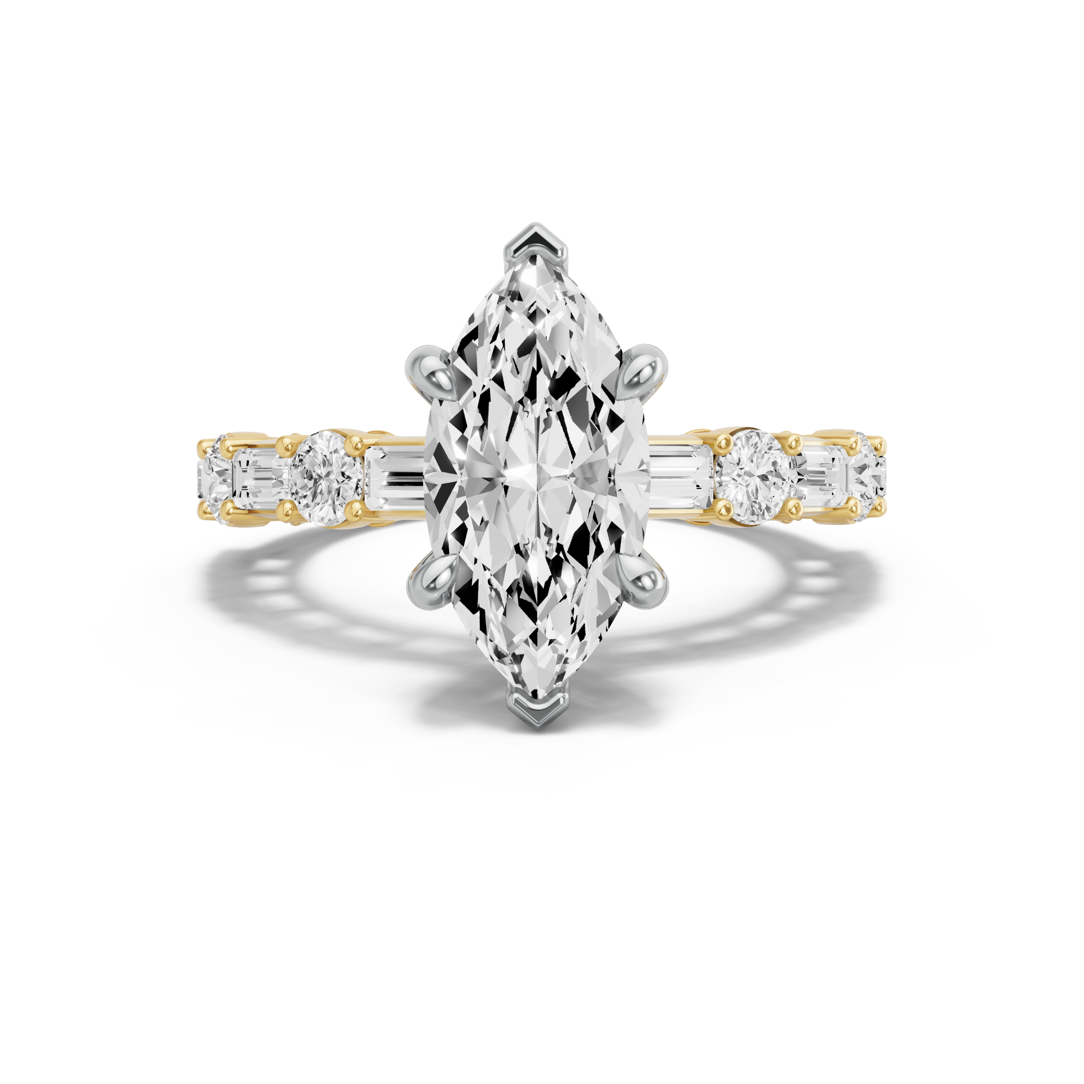 Image for Marquise Six Prong Ring with Alternating Baguette band in 18K Two Tone Yellow Gold