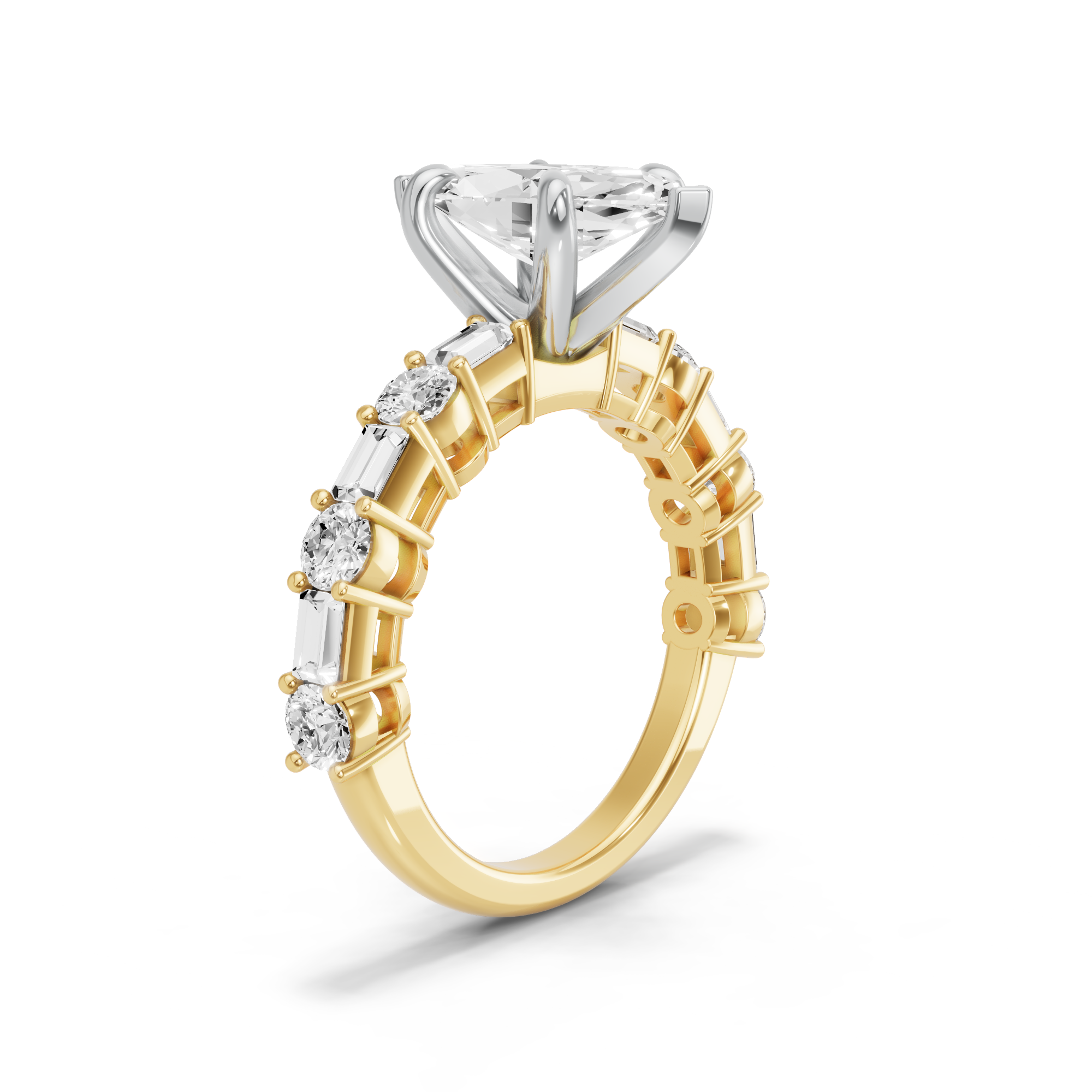 Image for Marquise Six Prong Ring with Alternating Baguette band in 18K Two Tone Yellow Gold