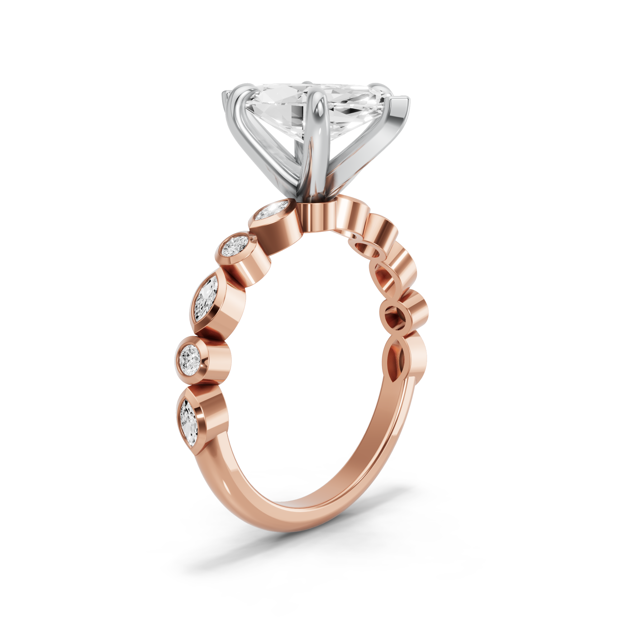 Image for Marquise Six Prong Ring with Alternating Marquise band in 10K Two Tone Rose Gold