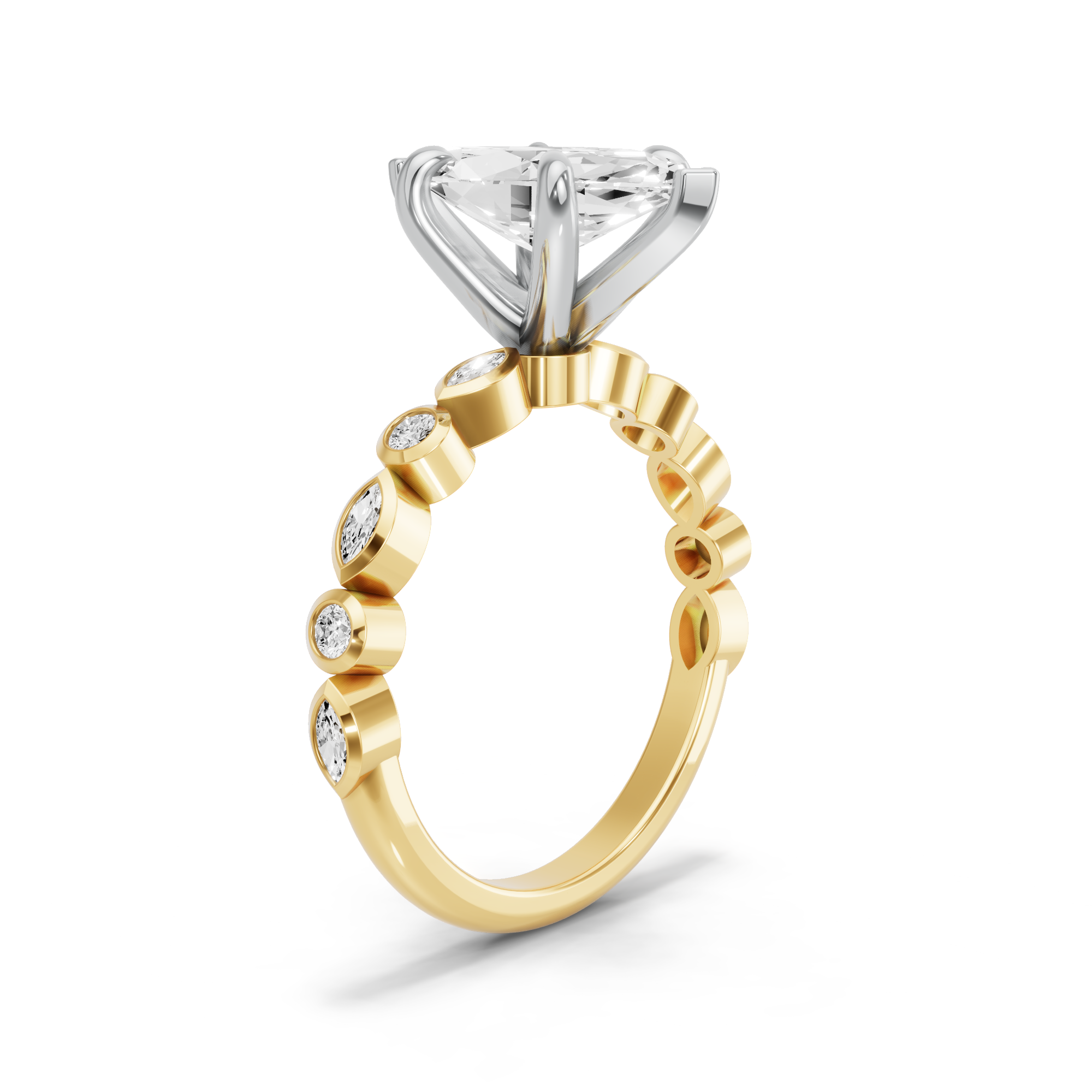 Image for Marquise Six Prong Ring with Alternating Marquise band in 14K Two Tone Yellow Gold