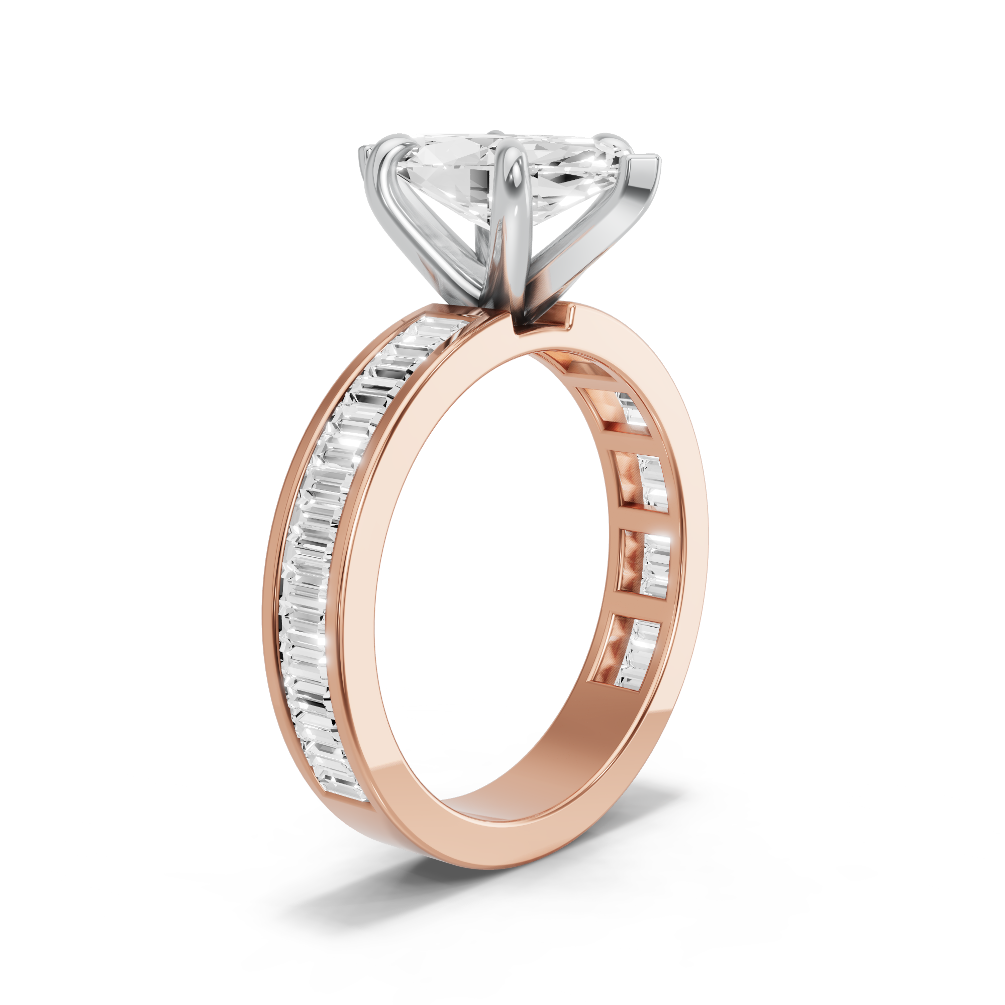 Image for Marquise Six Prong Ring with Baguette Channel band in 14K Two Tone Rose Gold