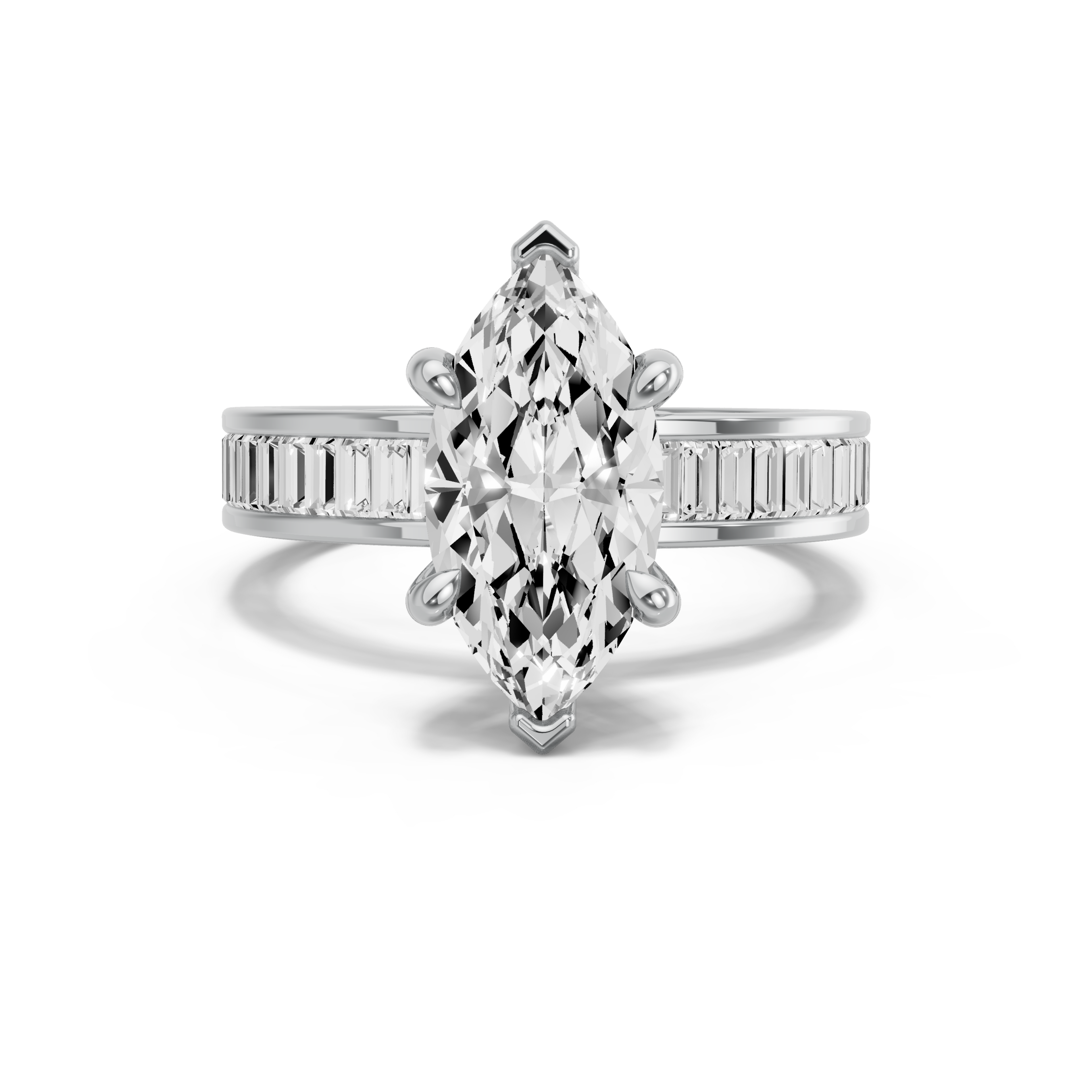 Image for Marquise Six Prong Ring with Baguette Channel band in 18K White Gold