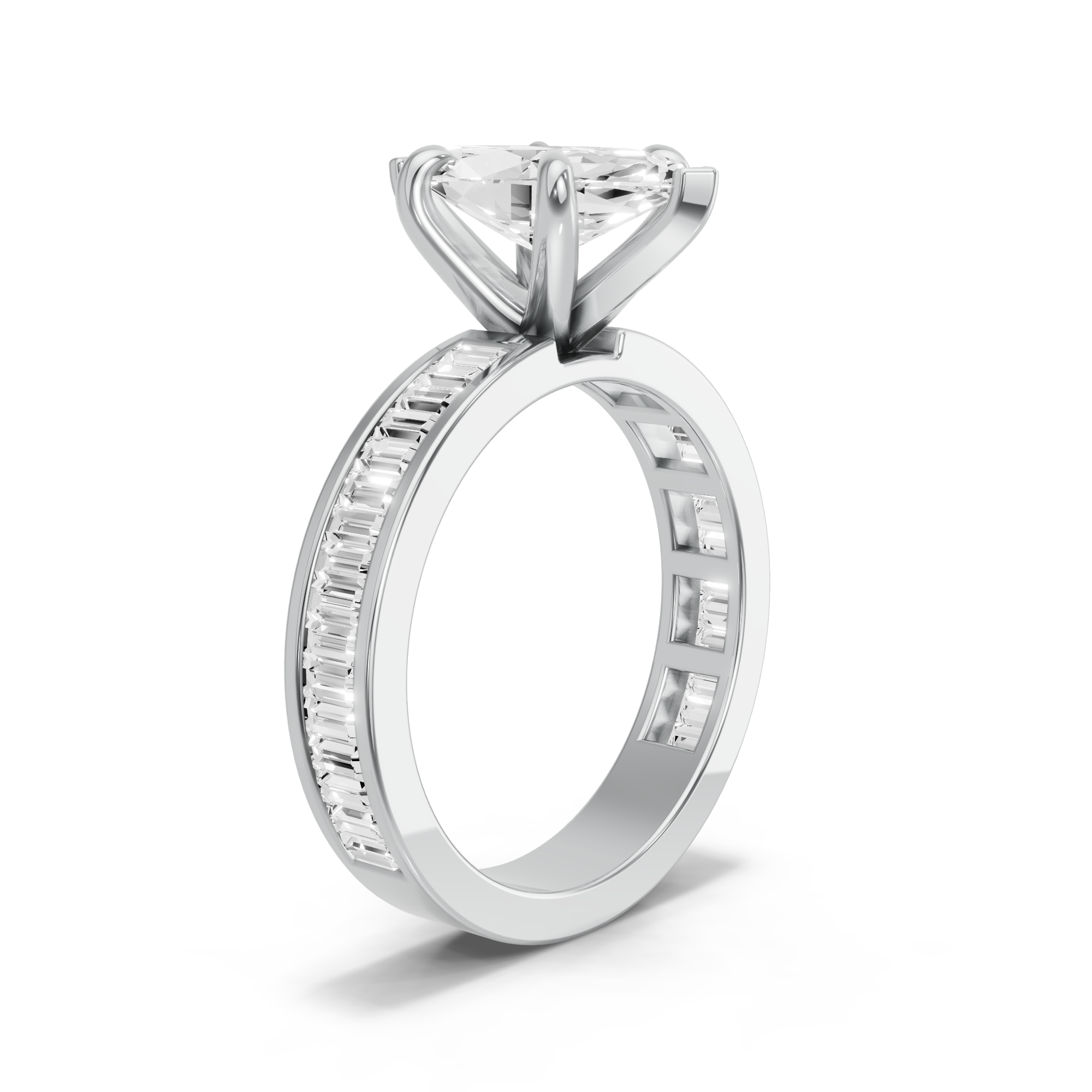 Image for Marquise Six Prong Ring with Baguette Channel band in 18K White Gold