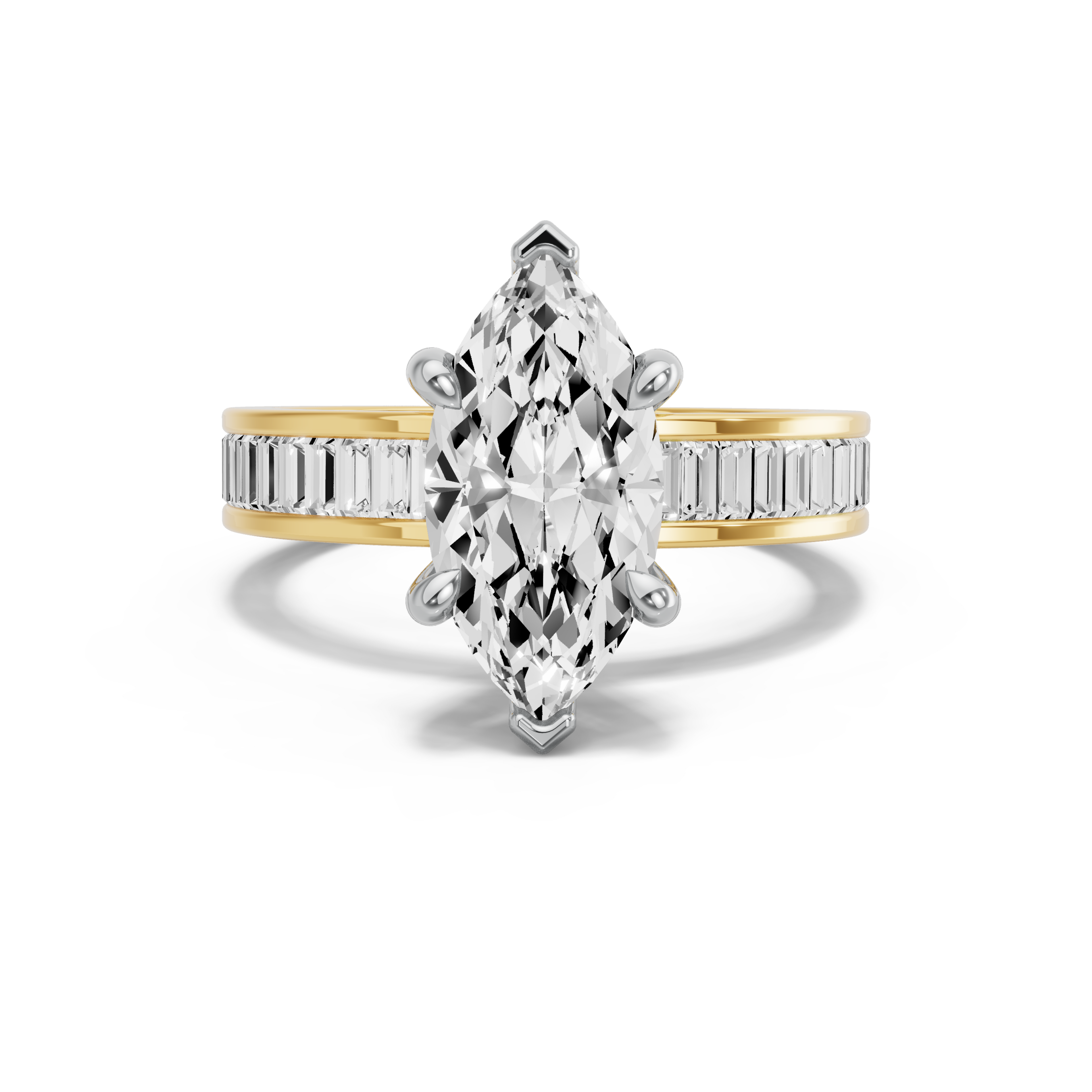 Image for Marquise Six Prong Ring with Baguette Channel band in 10K Two Tone Yellow Gold