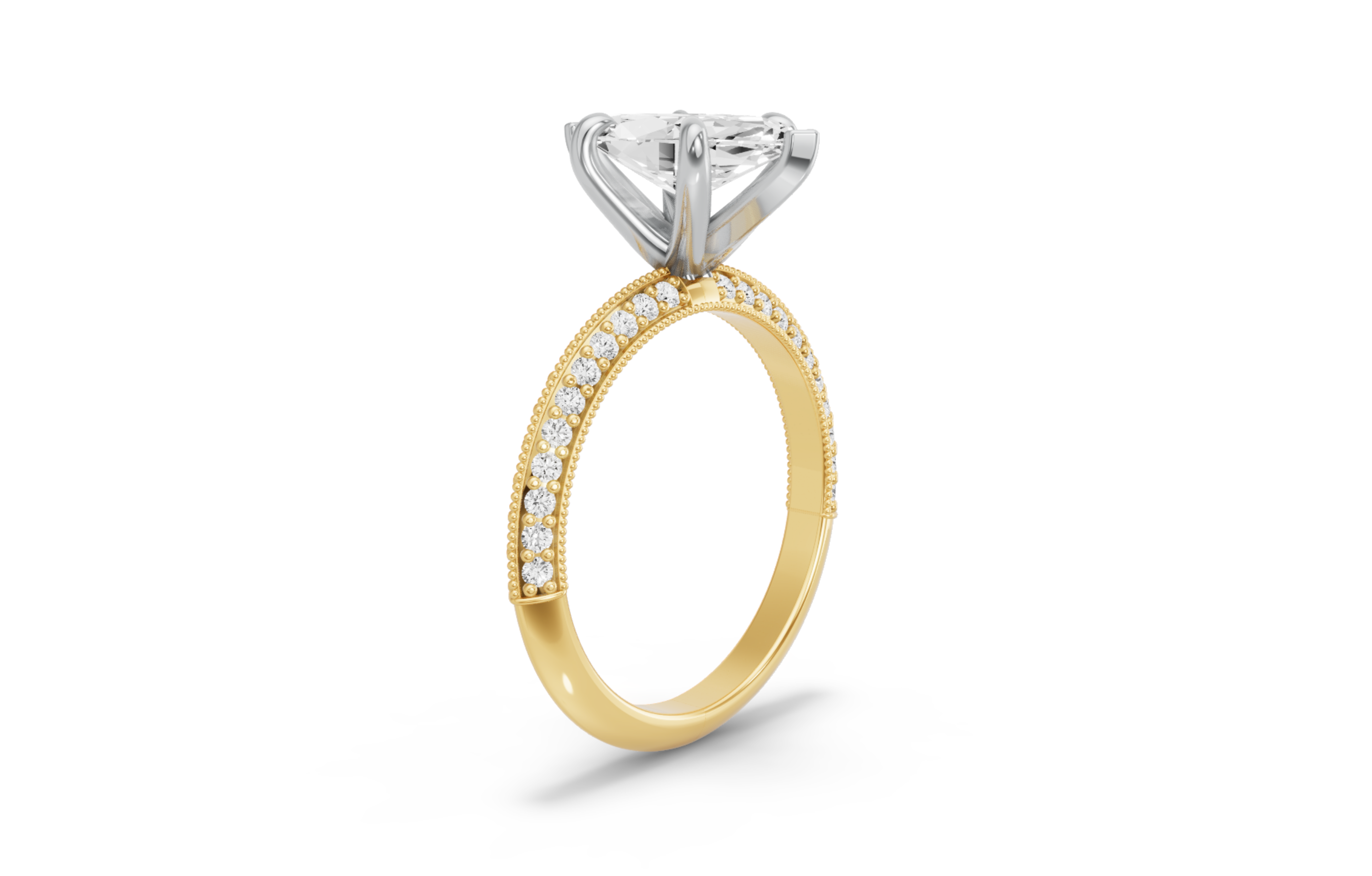 Image for Marquise Six Prong Ring with Knife Edge Pave band in 10K Two Tone Yellow Gold