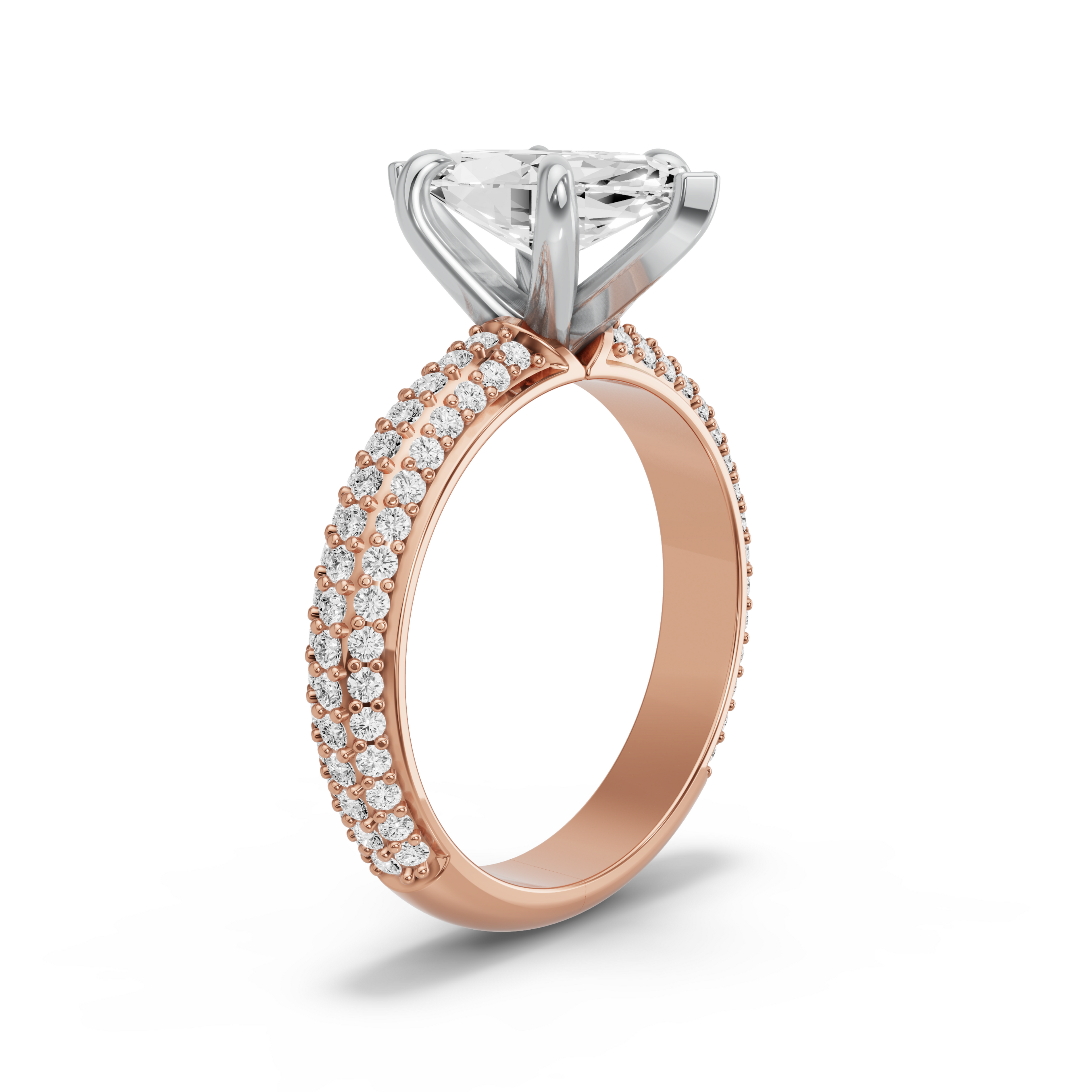 Image for Marquise Six Prong Ring with Triple Row Pave band in 10K Two Tone Rose Gold