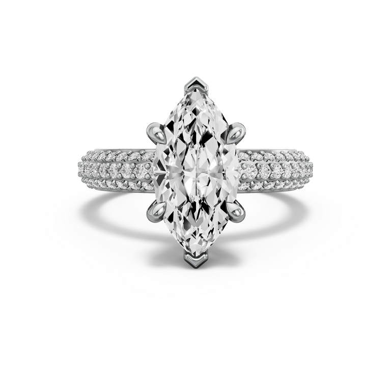 Image for Marquise Six Prong Ring with Triple Row Pave band in 14K White Gold