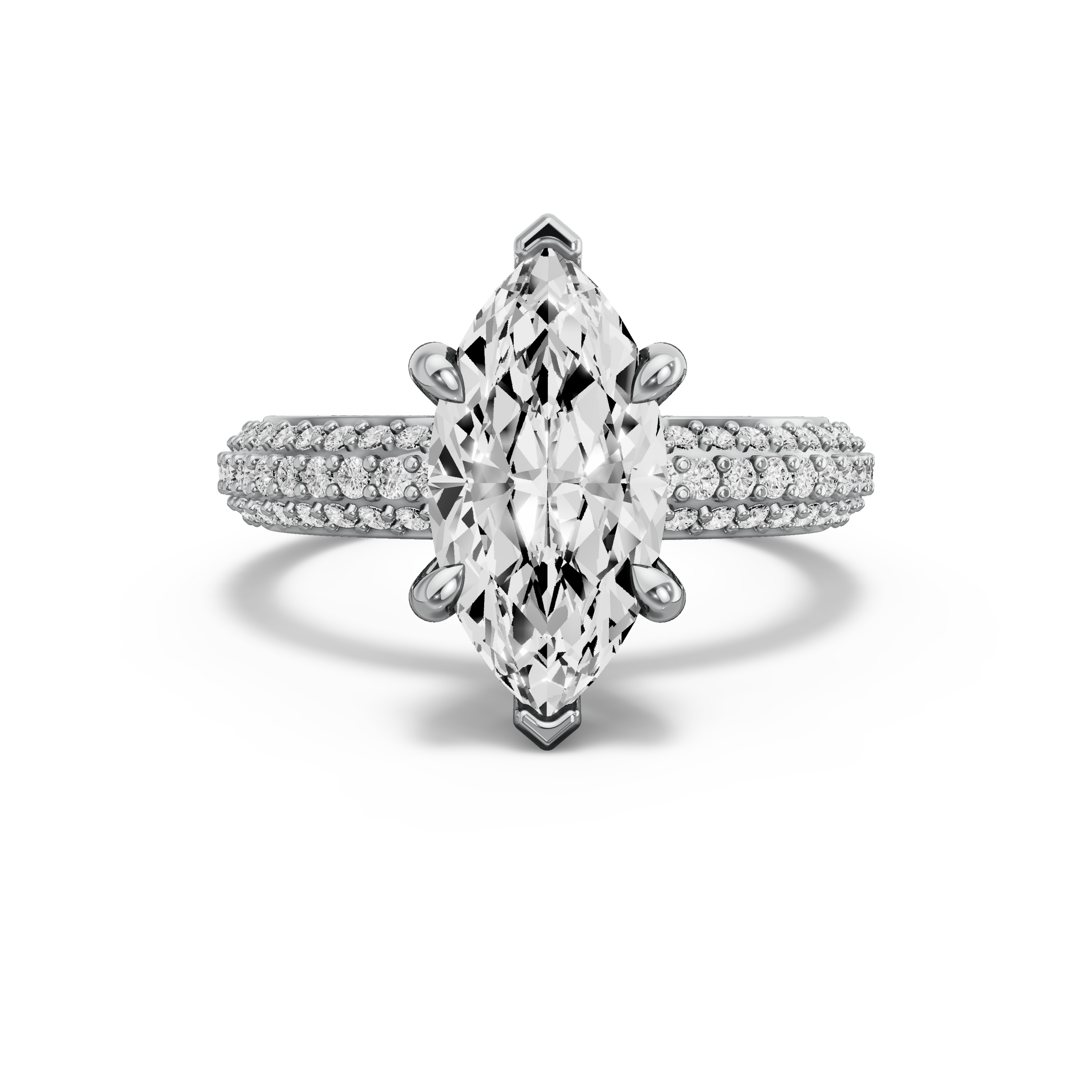 Image for Marquise Six Prong Ring with Triple Row Pave band in 10K White Gold