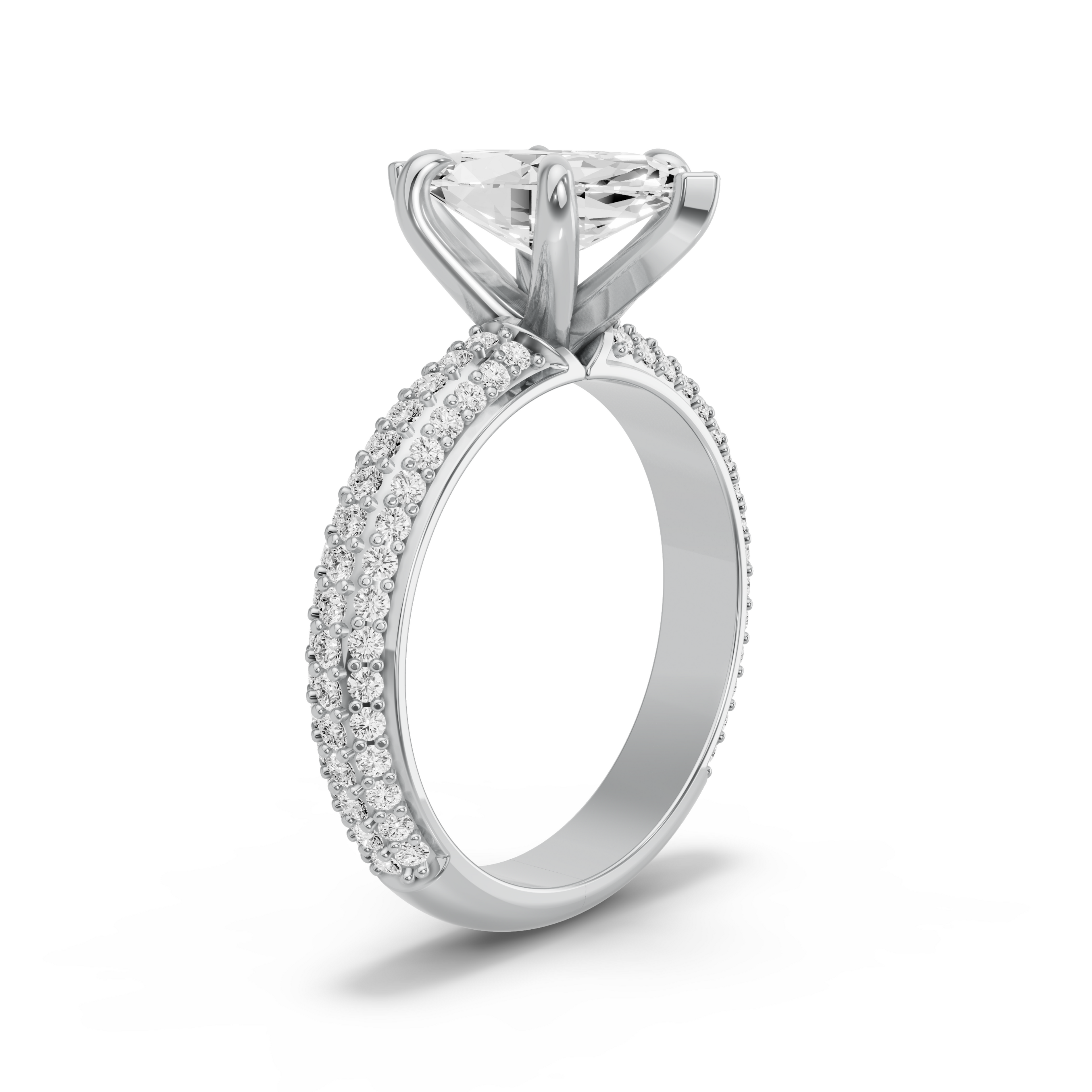 Image for Marquise Six Prong Ring with Triple Row Pave band in 18K White Gold