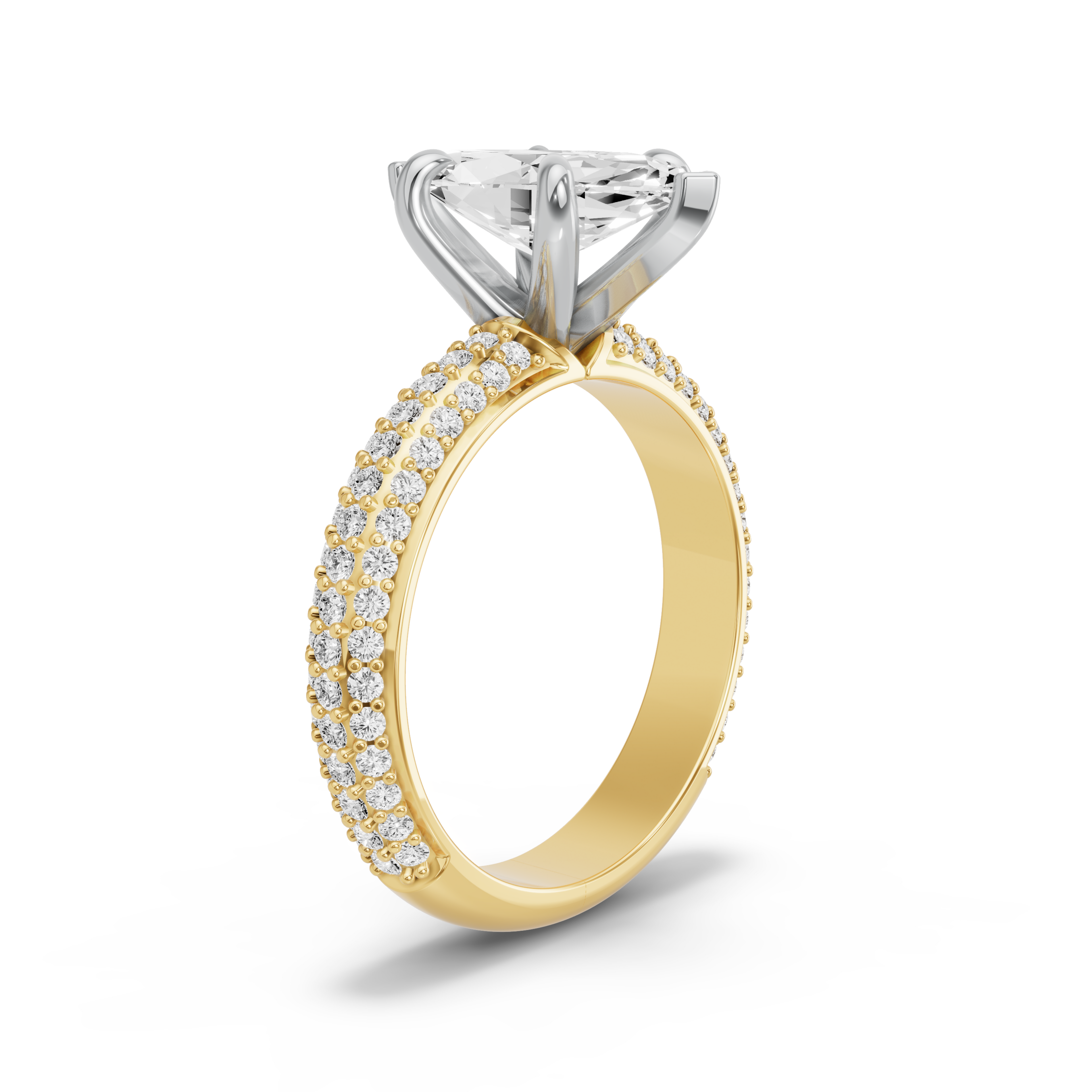 Image for Marquise Six Prong Ring with Triple Row Pave band in 14K Two Tone Yellow Gold