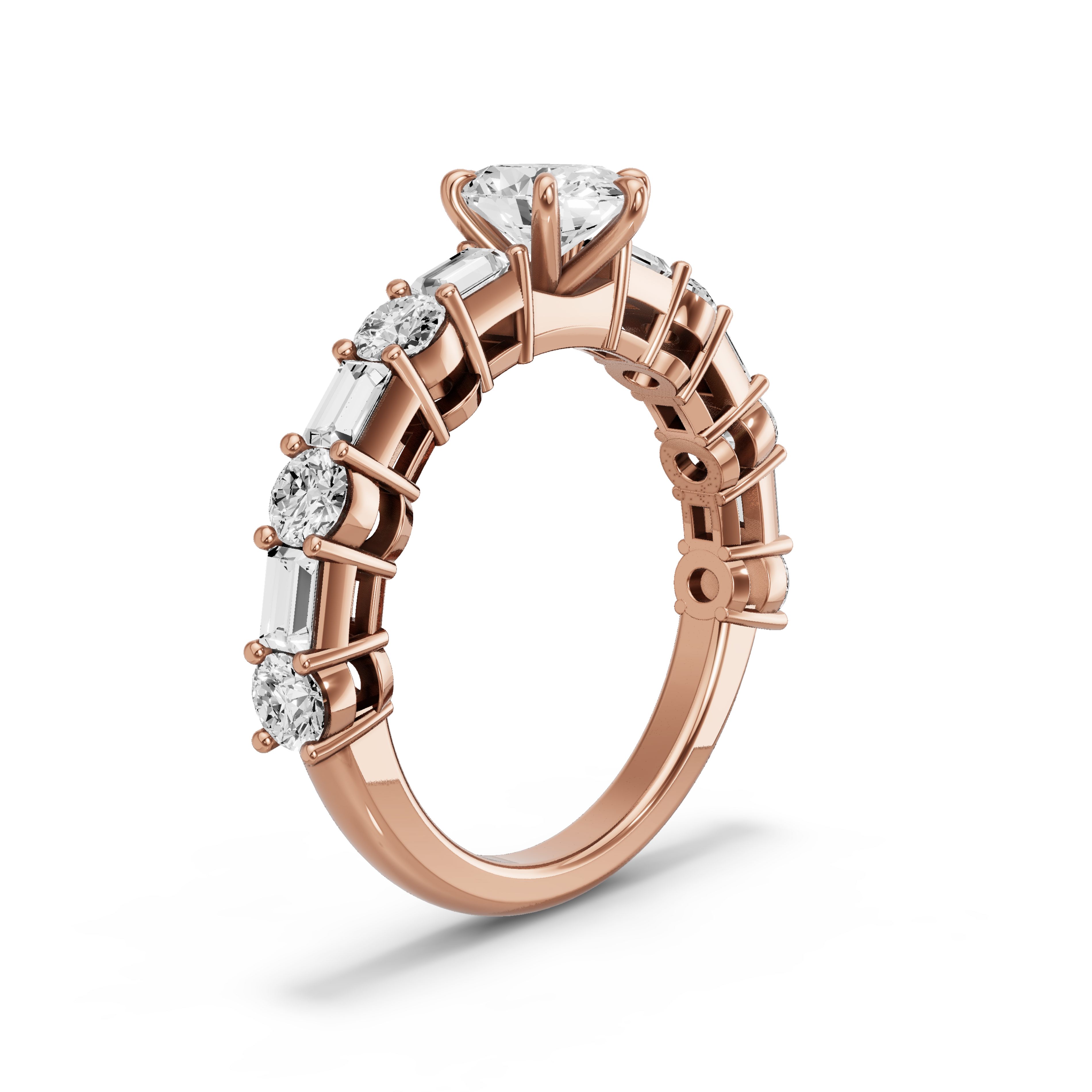 Image for Oval Six Prong Ring with Alternating Baguette band in 18K Rose Gold
