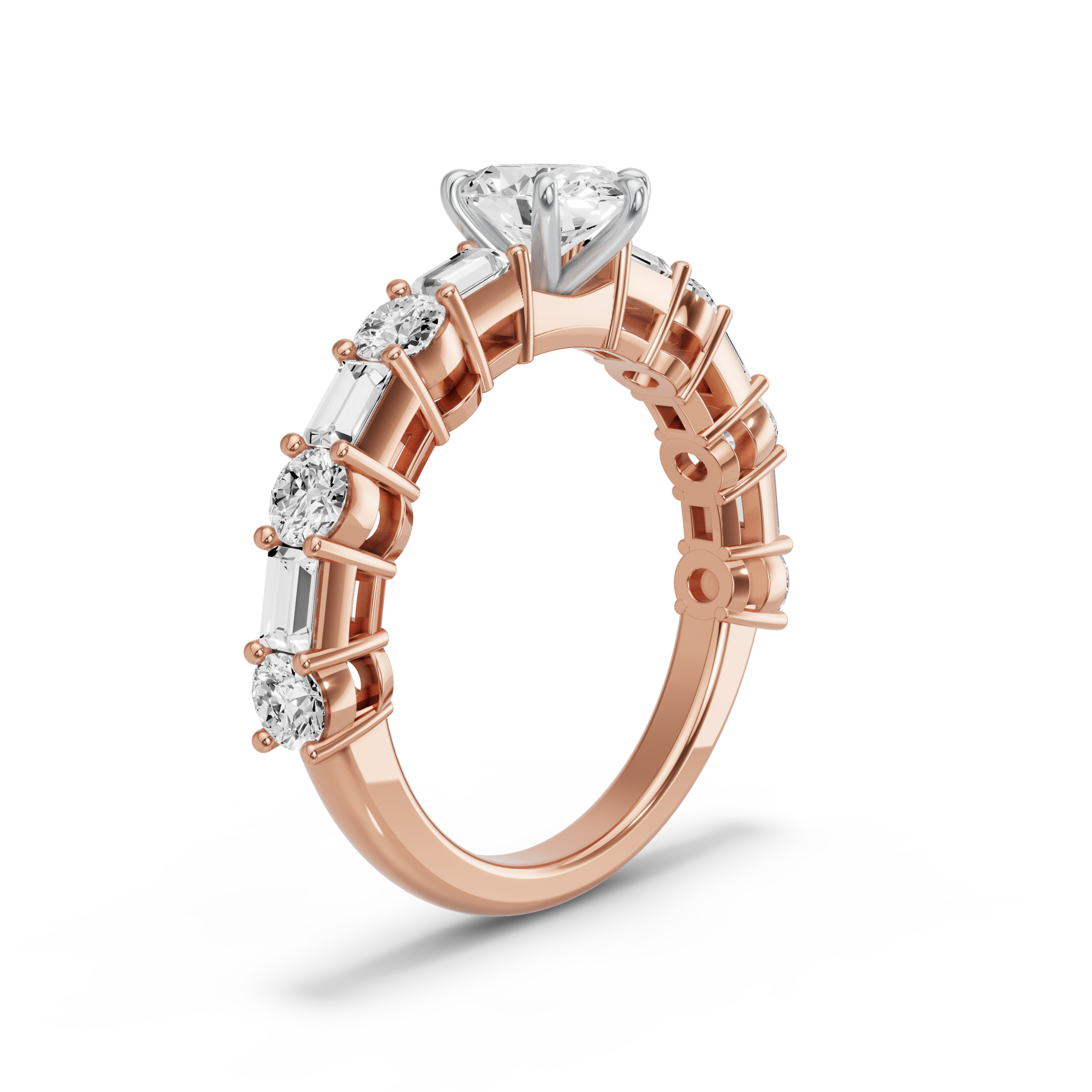 Image for Oval Six Prong Ring with Alternating Baguette band in 18K Two Tone Rose Gold