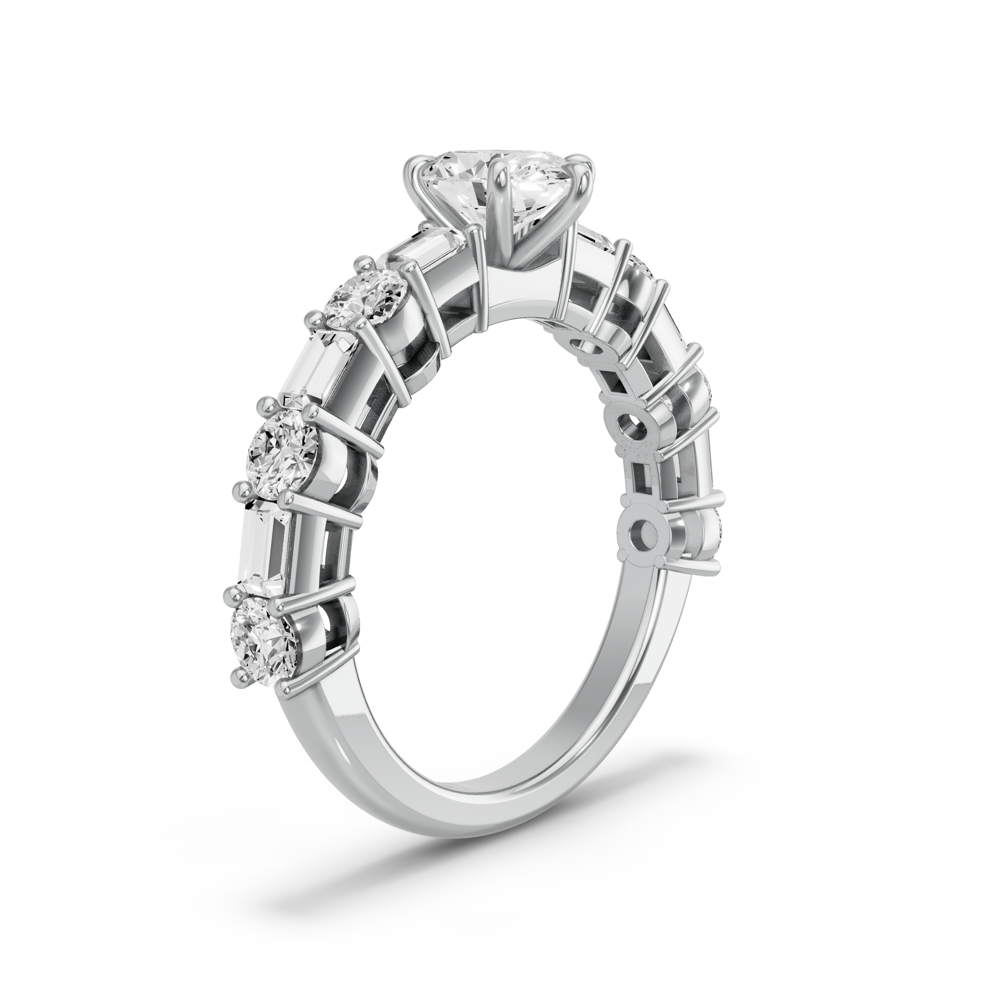 Image for Oval Six Prong Ring with Alternating Baguette band in 18K White Gold