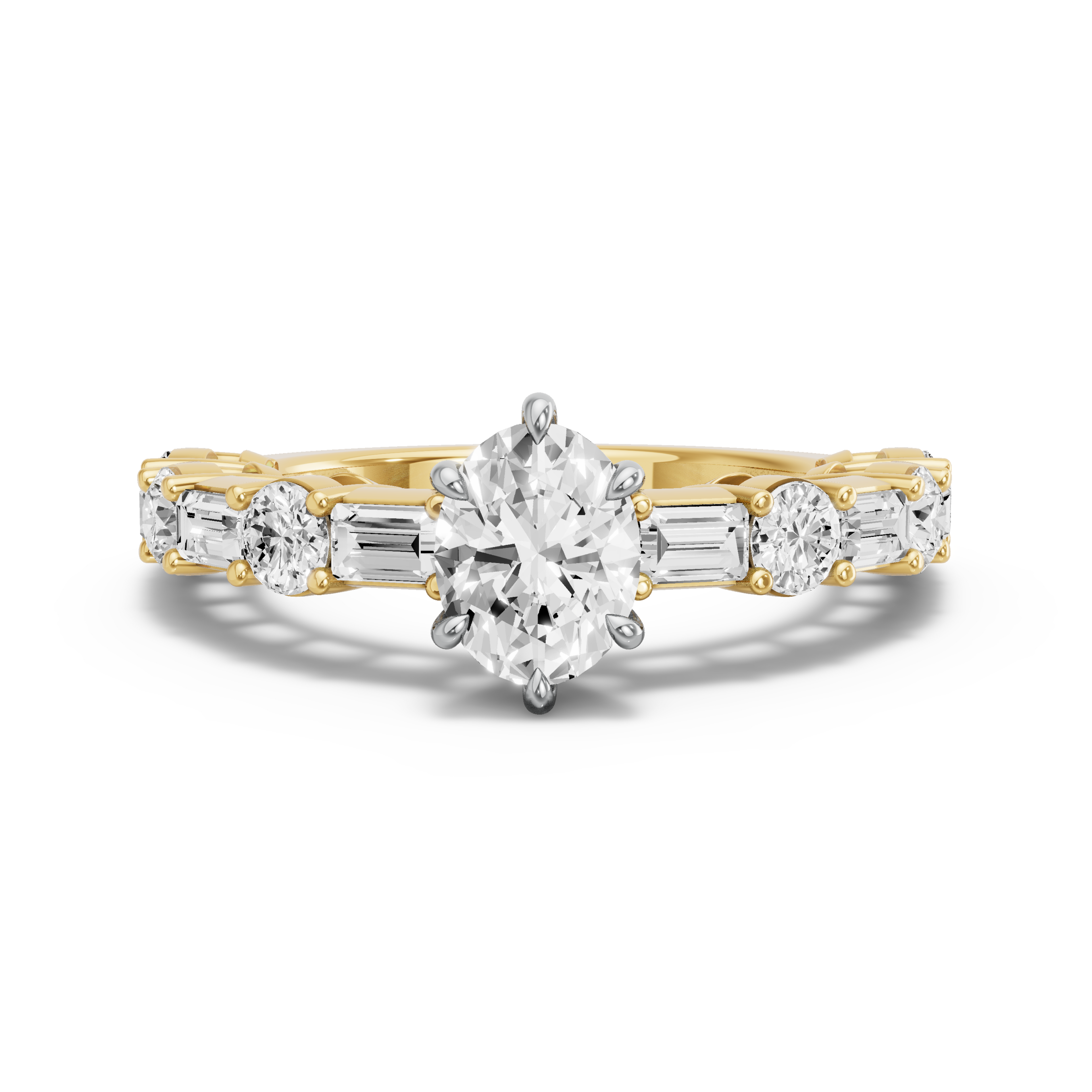 Image for Oval Six Prong Ring with Alternating Baguette band in 14K Two Tone Yellow Gold
