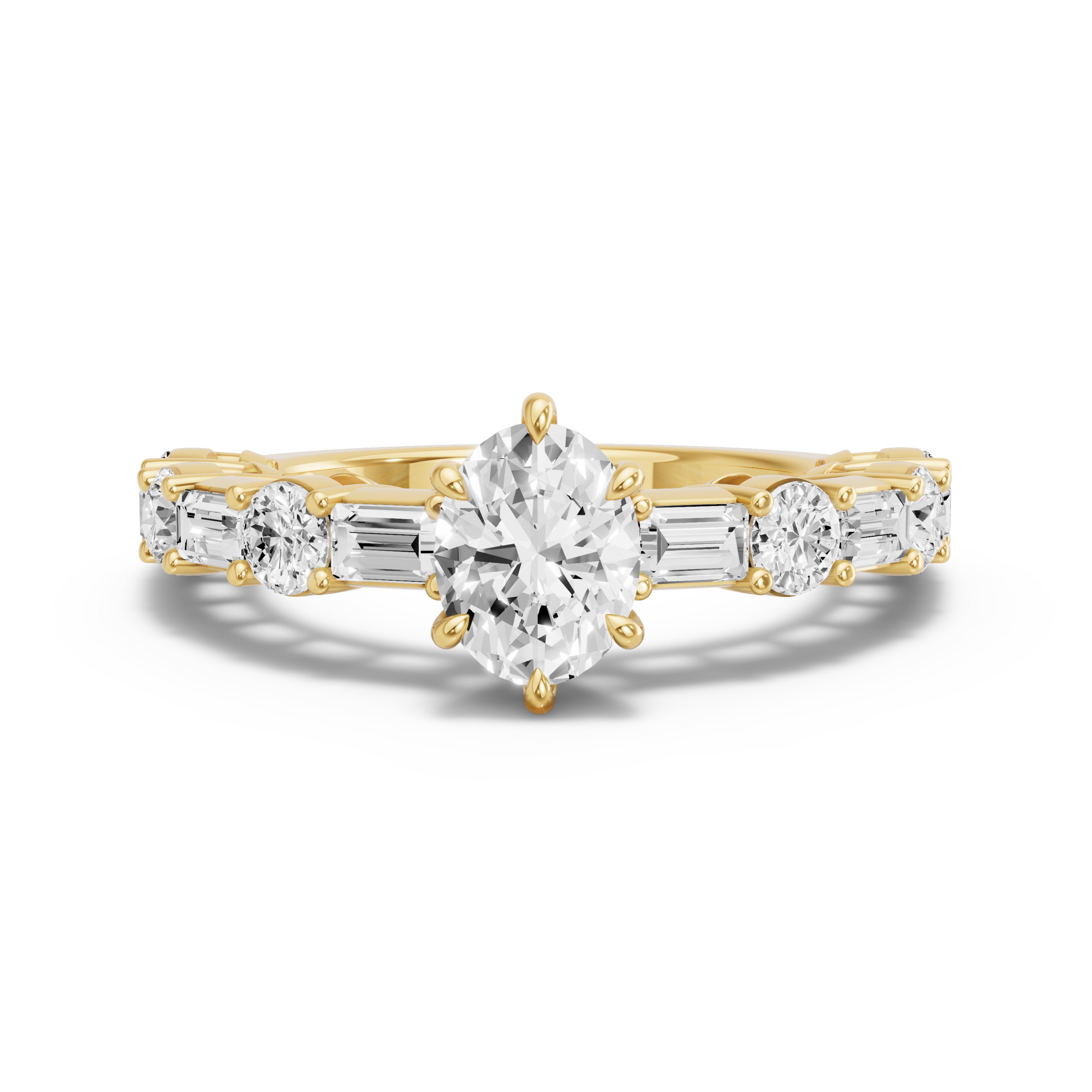 Image for Oval Six Prong Ring with Alternating Baguette band in 18K Yellow Gold