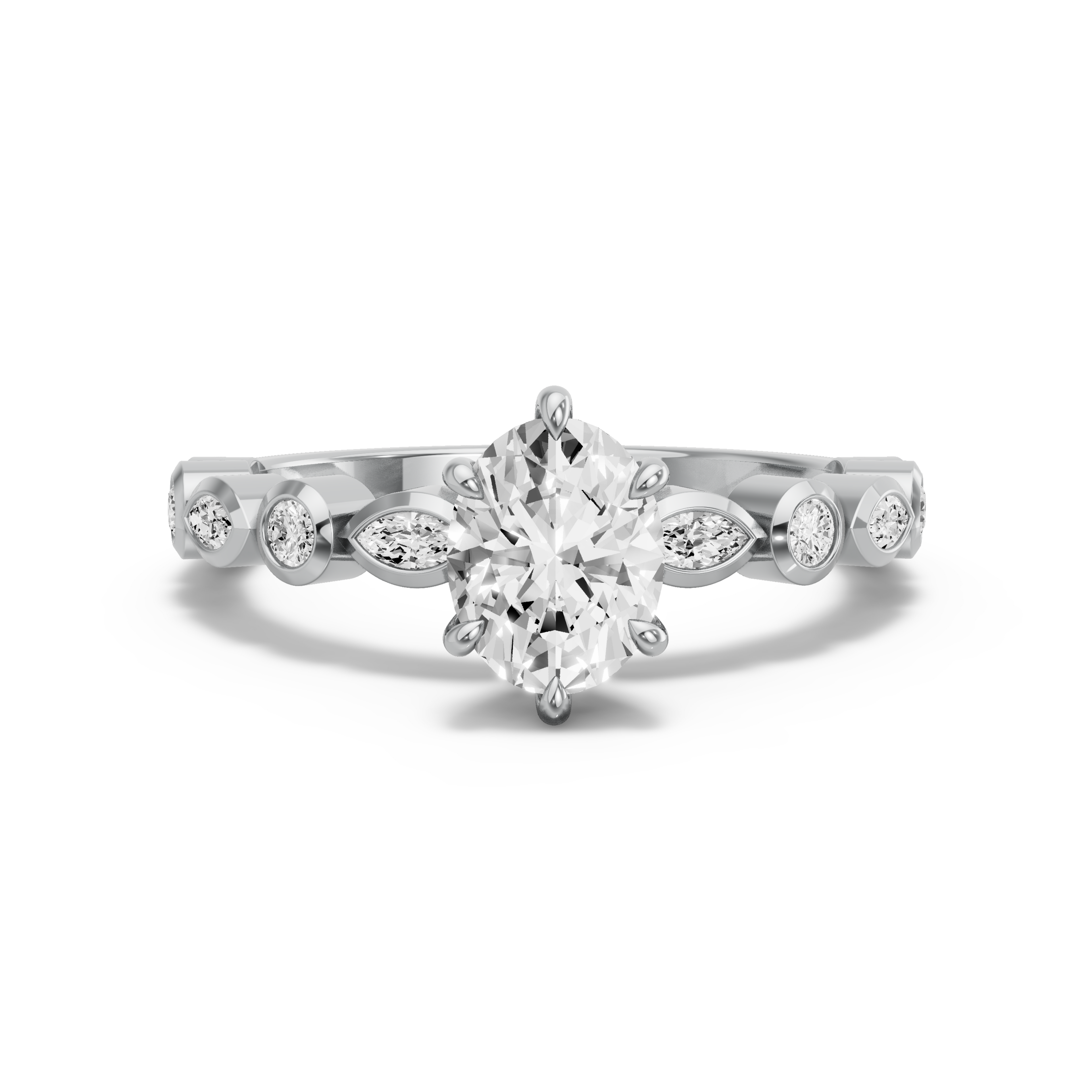 Image for Oval Six Prong Ring with Alternating Marquise band in 10K White Gold
