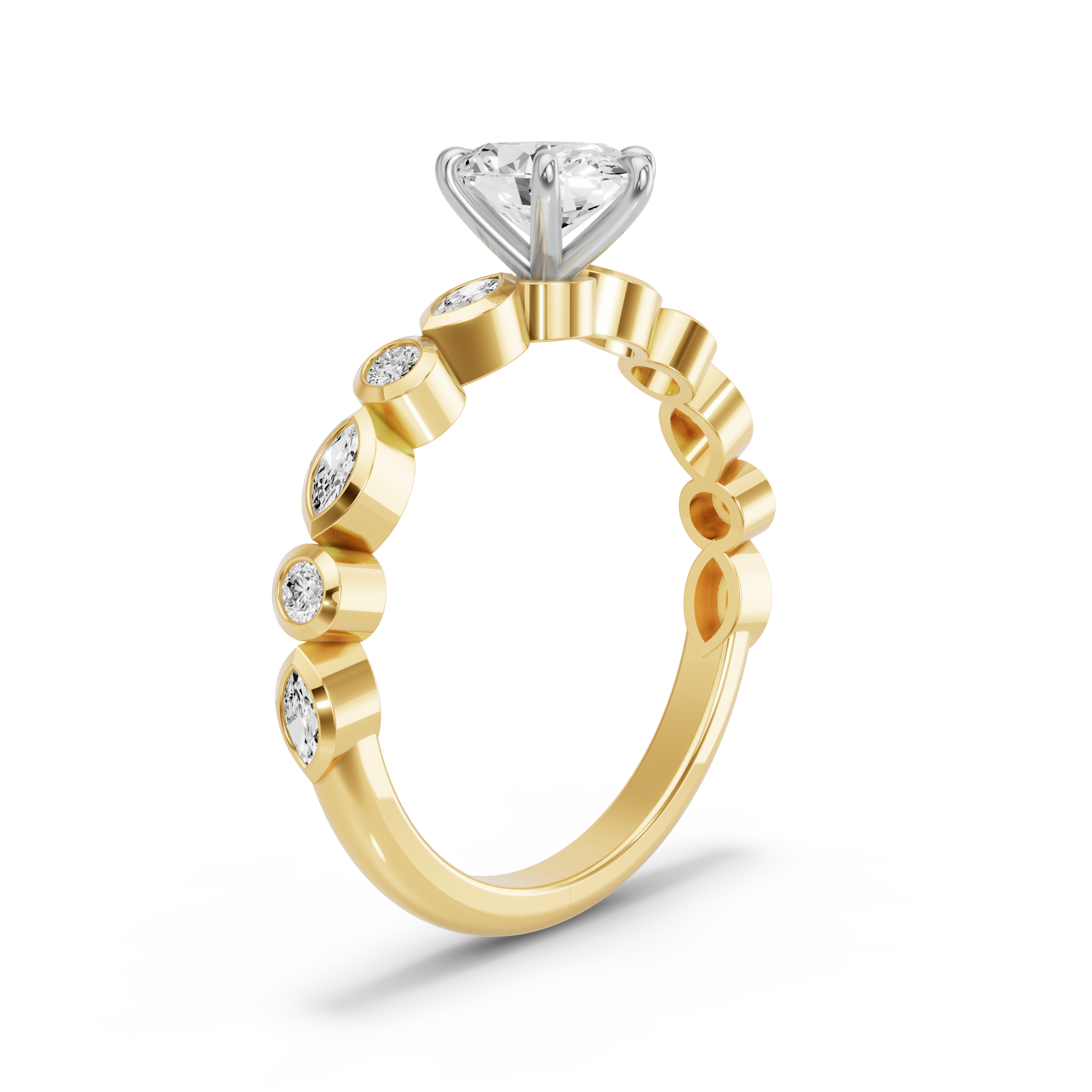 Image for Oval Six Prong Ring with Alternating Marquise band in 18K Two Tone Yellow Gold