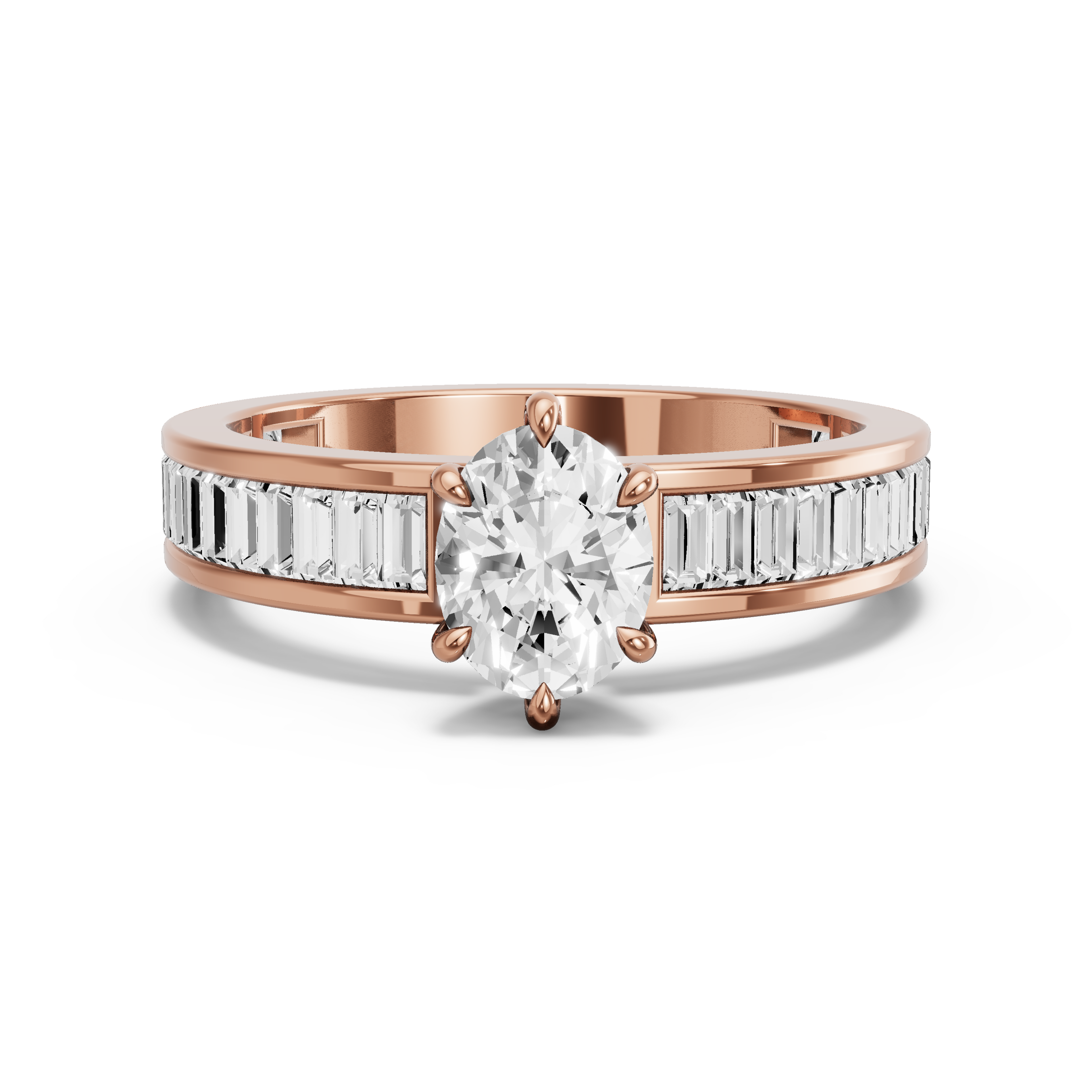 Image for Oval Six Prong Ring with Baguette Channel band in 18K Rose Gold