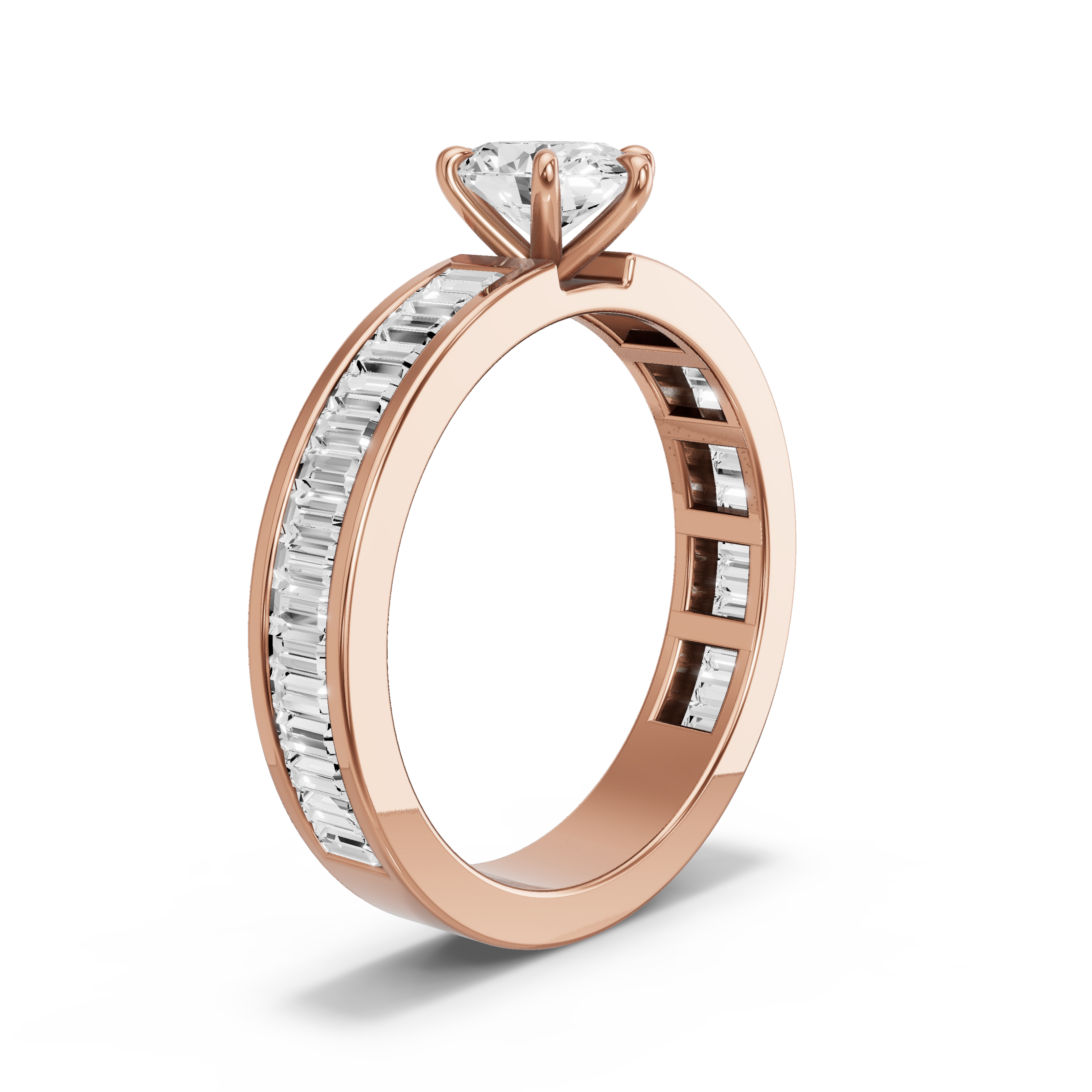 Image for Oval Six Prong Ring with Baguette Channel band in 10K Rose Gold