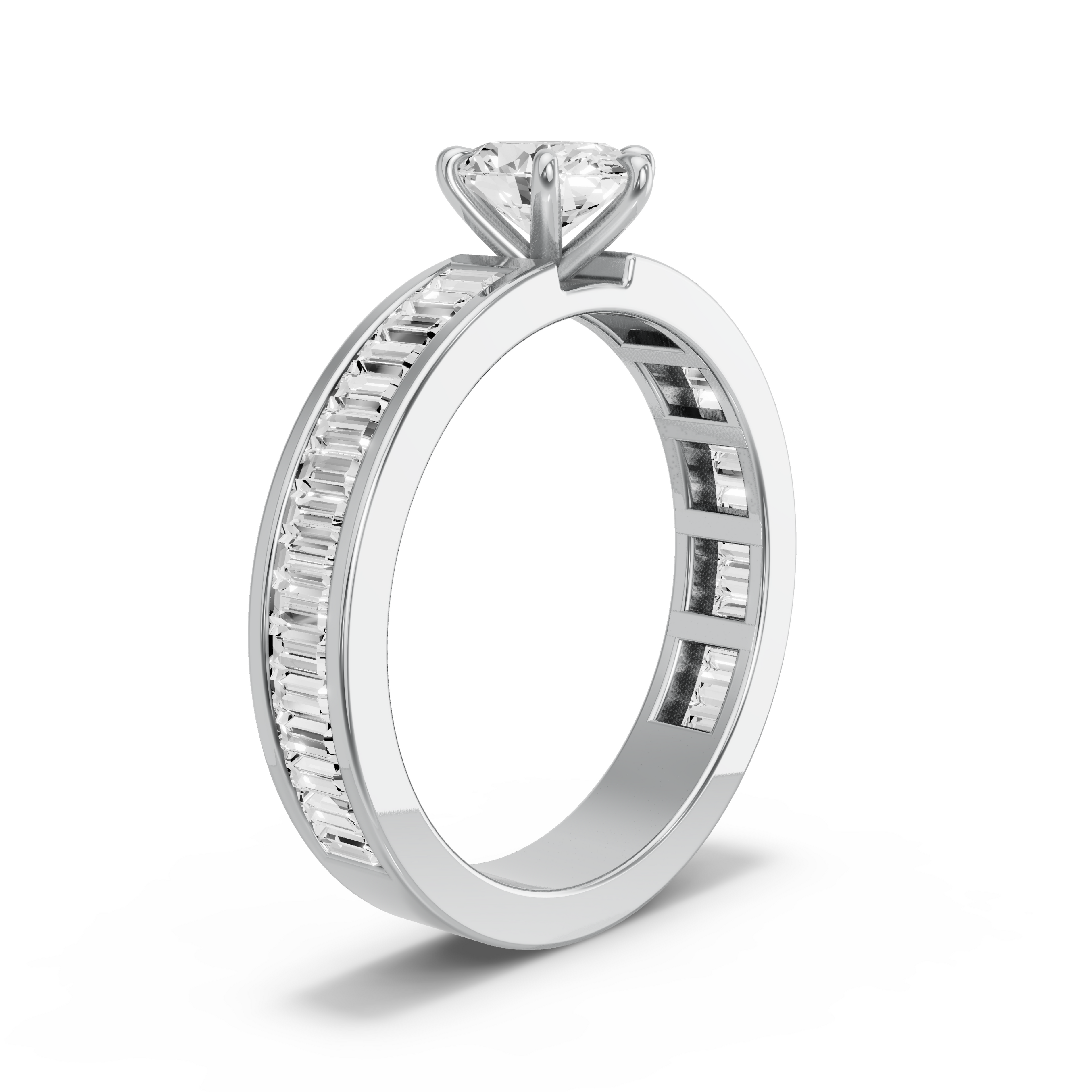 Image for Oval Six Prong Ring with Baguette Channel band in 18K White Gold