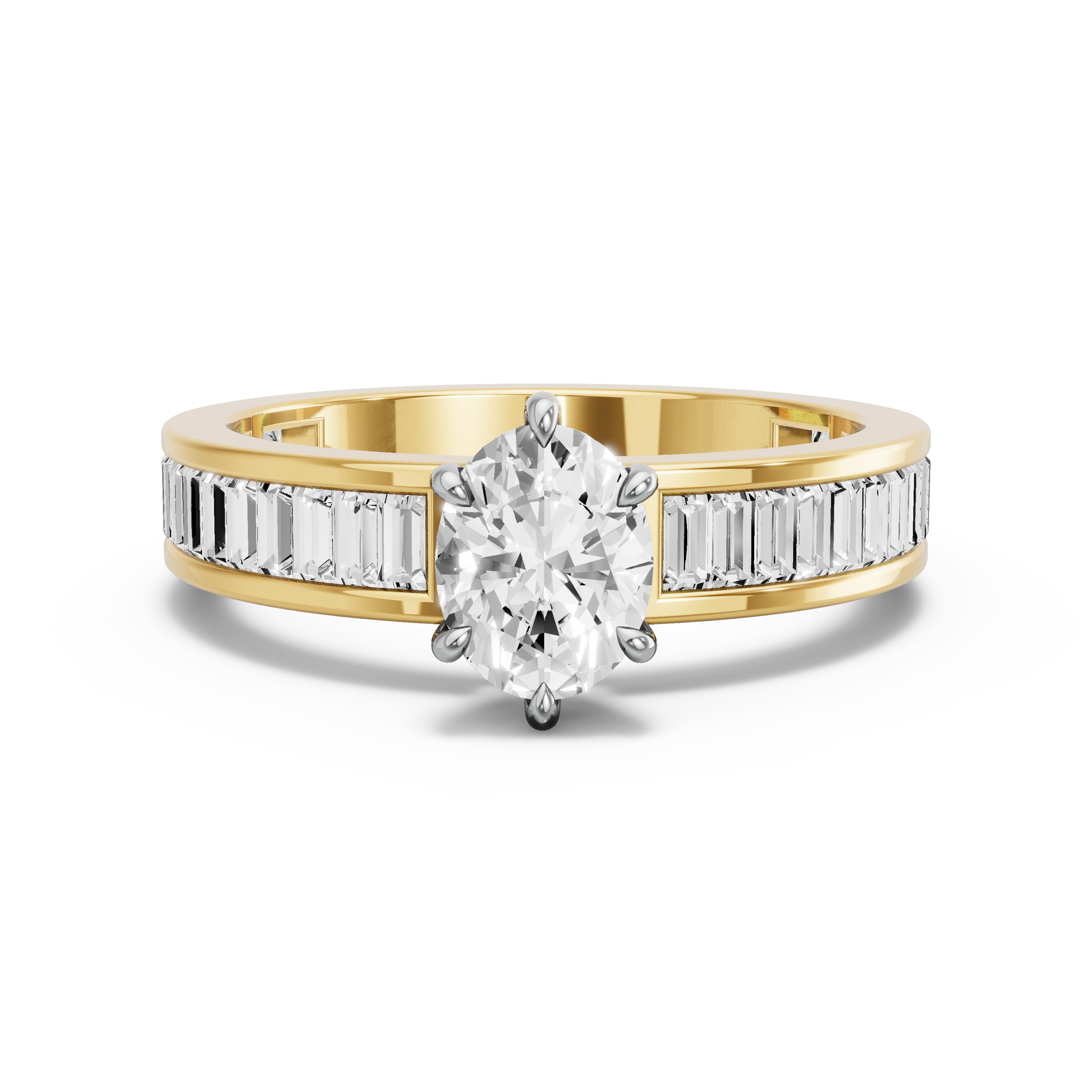 Image for Oval Six Prong Ring with Baguette Channel band in 10K Two Tone Yellow Gold