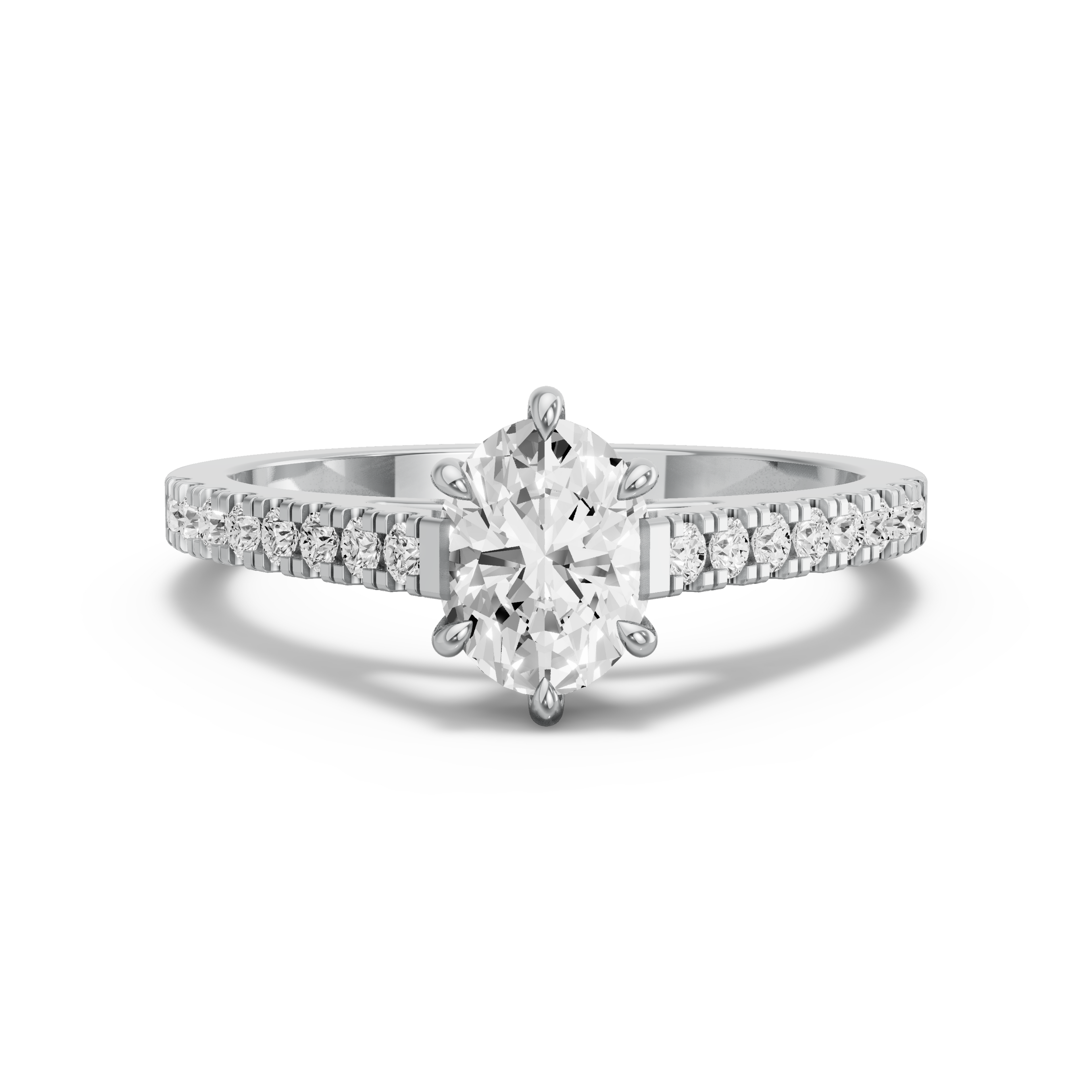 Image for Oval Six Prong Ring with Cathedral Pave band in 10K White Gold