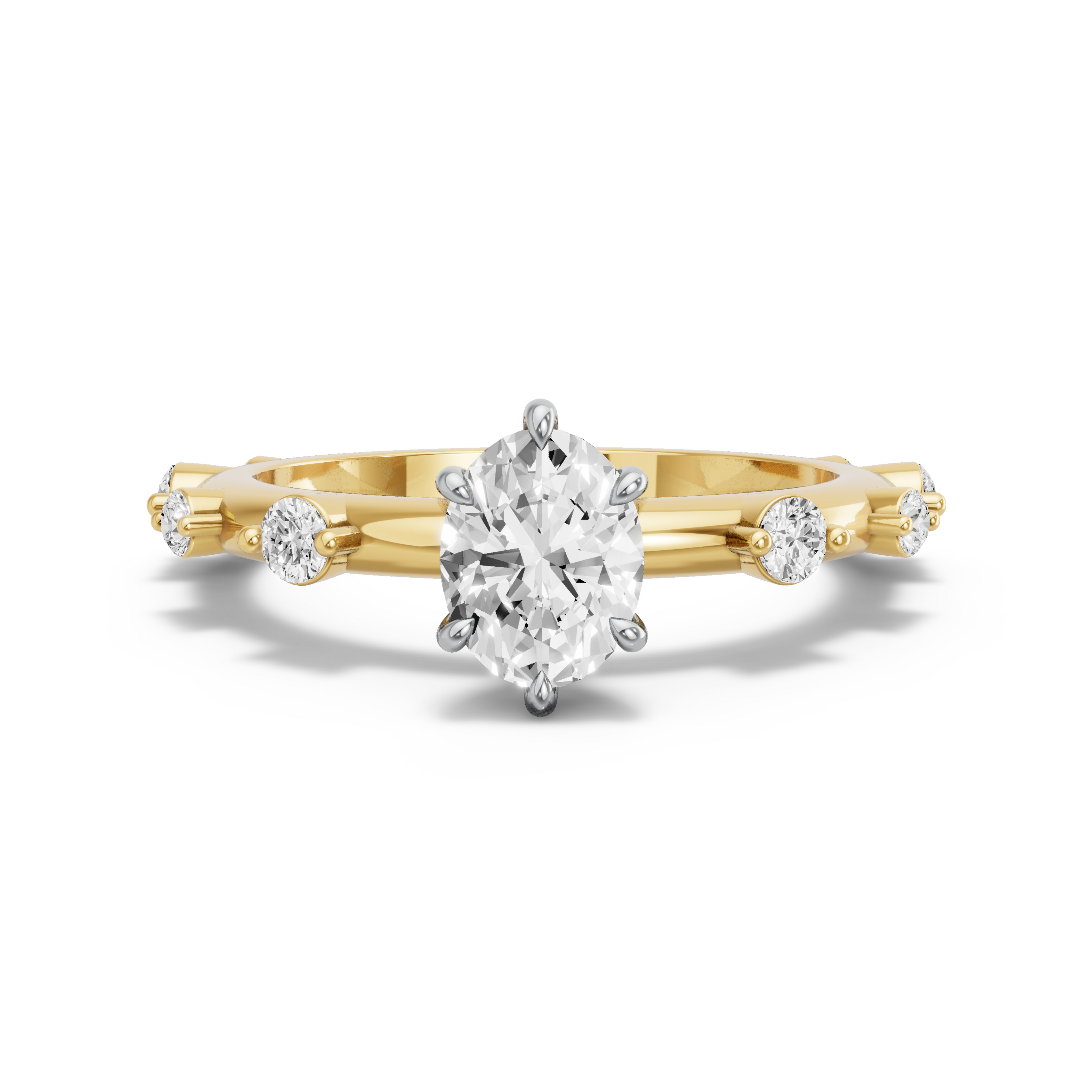 Image for Oval Six Prong Ring with Floating Station band in 10K Two Tone Yellow Gold