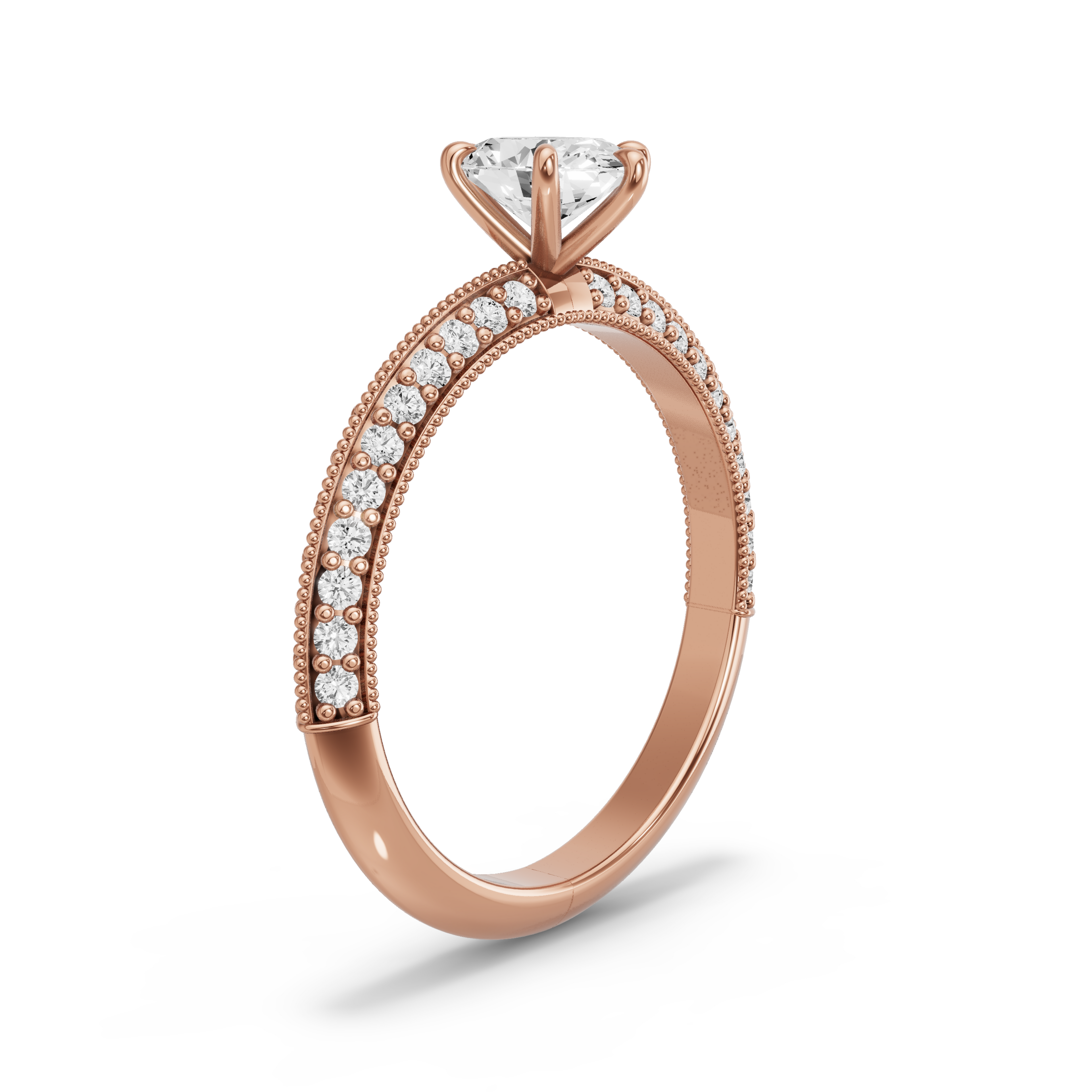 Image for Oval Six Prong Ring with Knife Edge Pave band in 10K Rose Gold