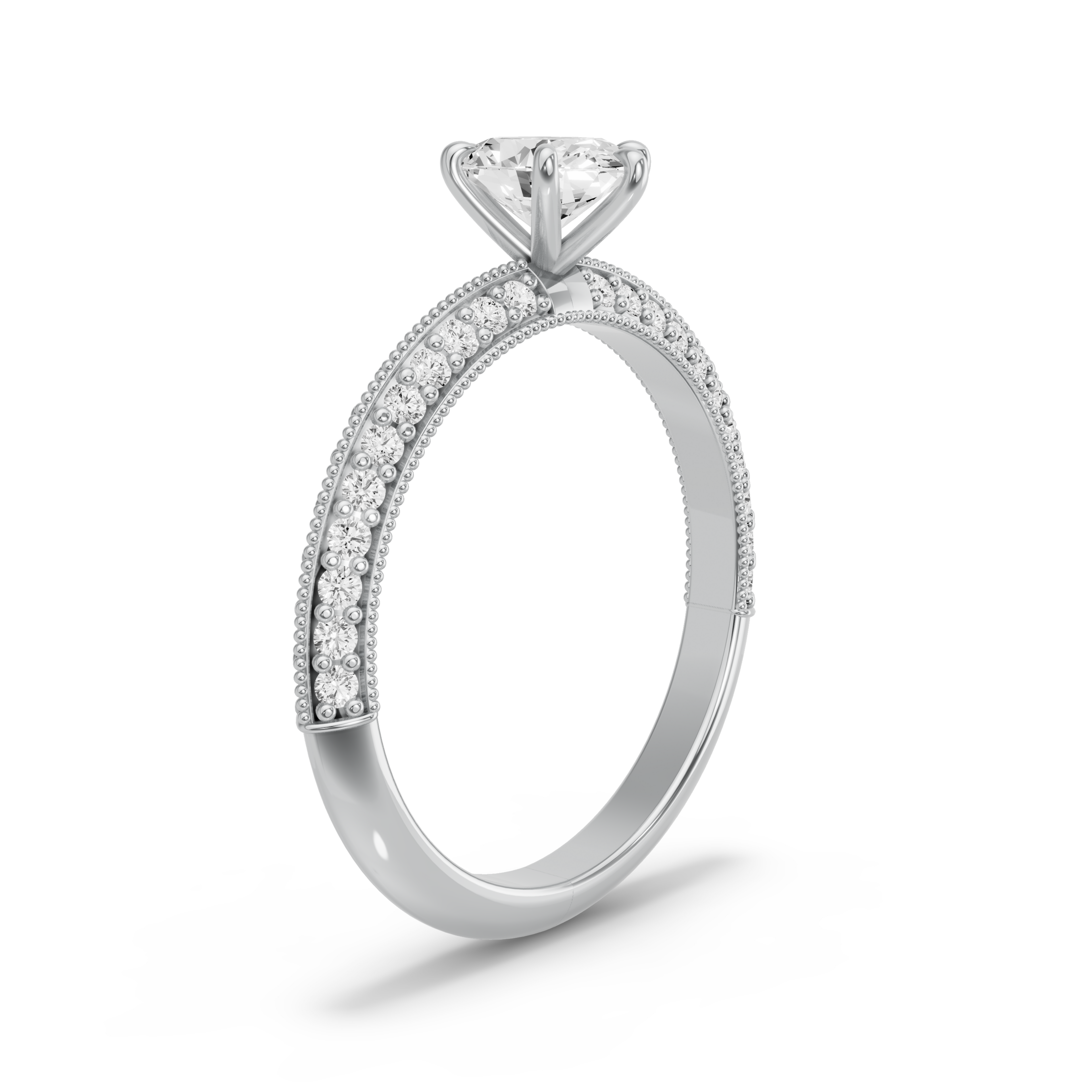 Image for Oval Six Prong Ring with Knife Edge Pave band in 10K White Gold