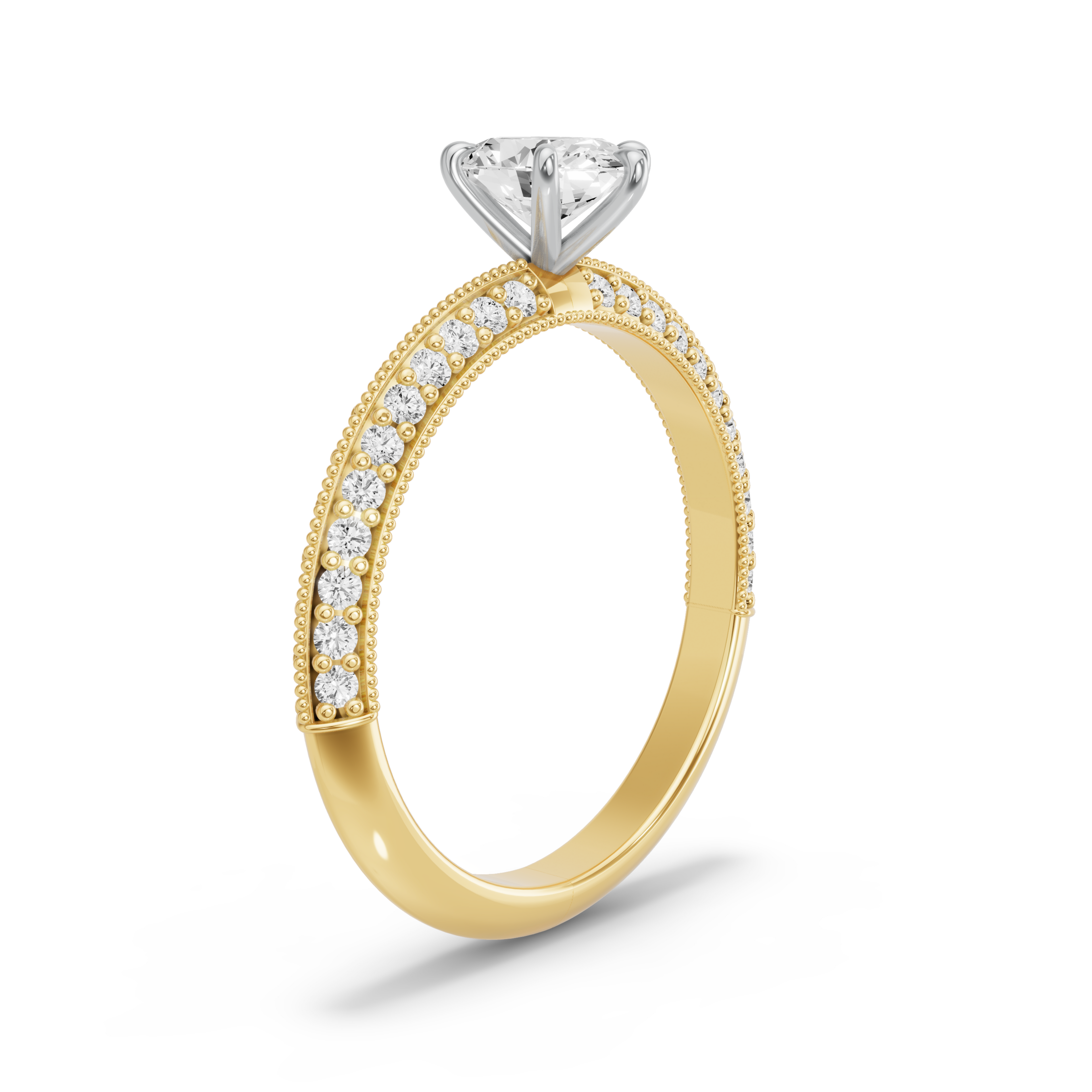 Image for Oval Six Prong Ring with Knife Edge Pave band in 14K Two Tone Yellow Gold