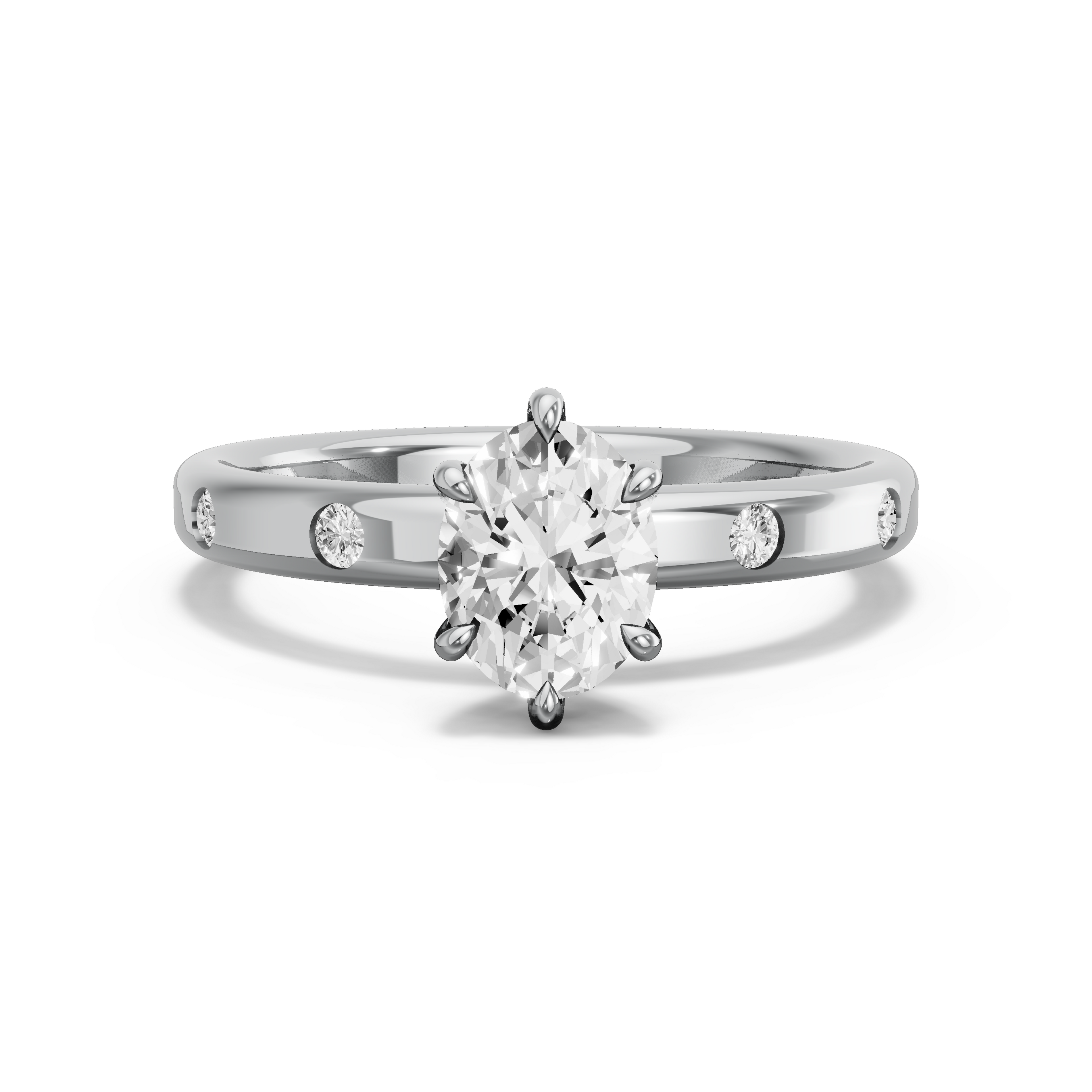 Image for Oval Six Prong Ring with Sleek Accent band in 10K White Gold