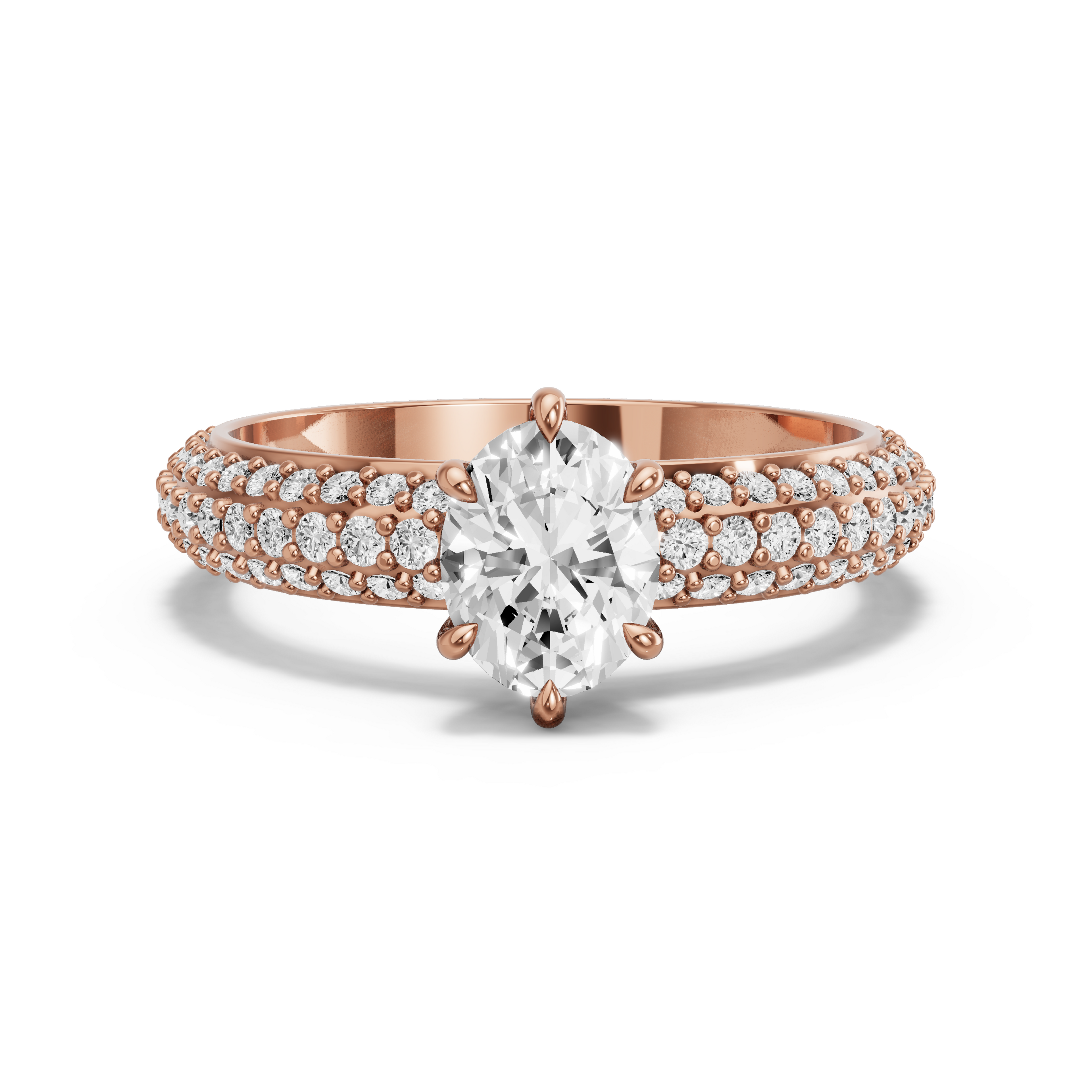 Image for Oval Six Prong Ring with Triple Row Pave band in 18K Rose Gold