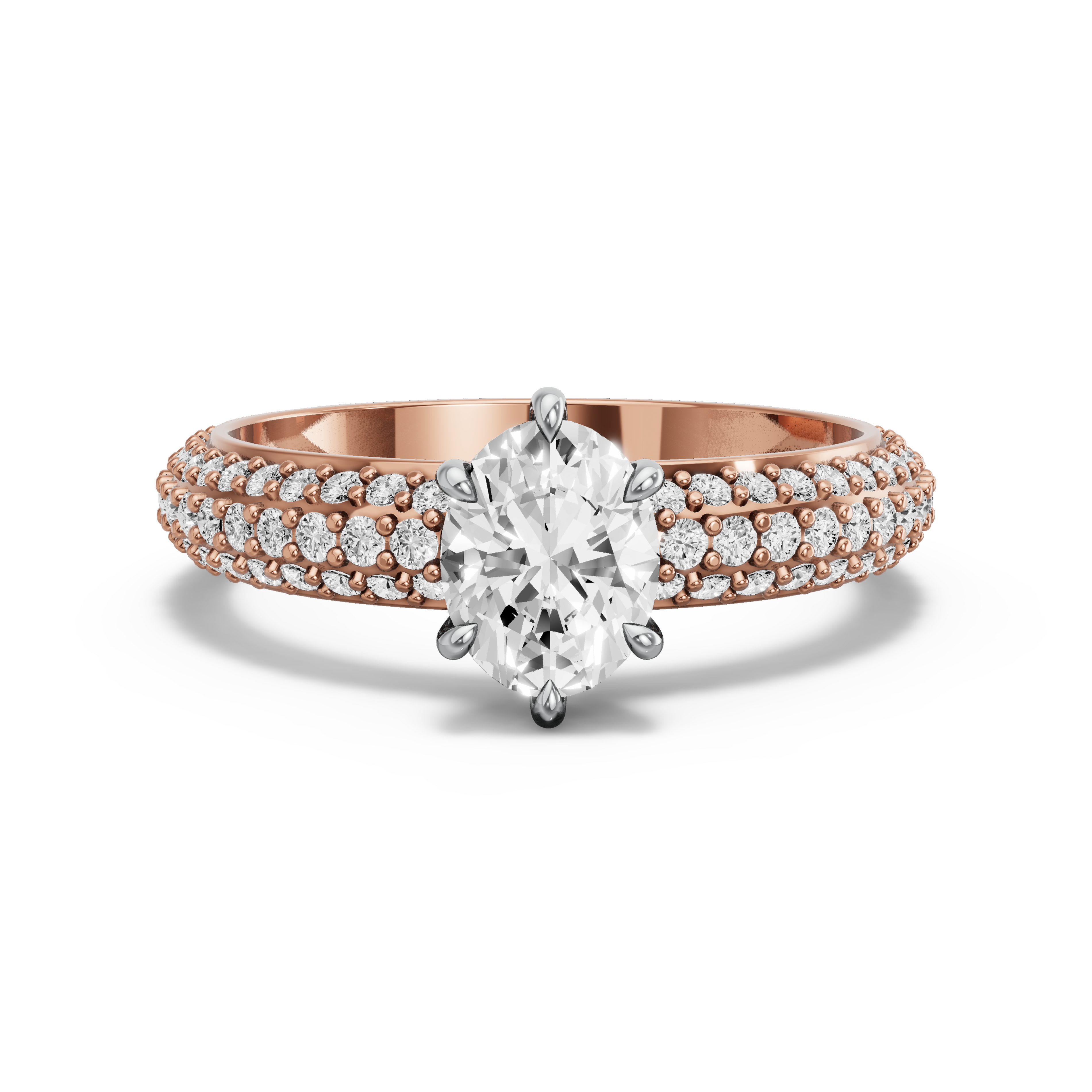 Image for Oval Six Prong Ring with Triple Row Pave band in 10K Two Tone Rose Gold