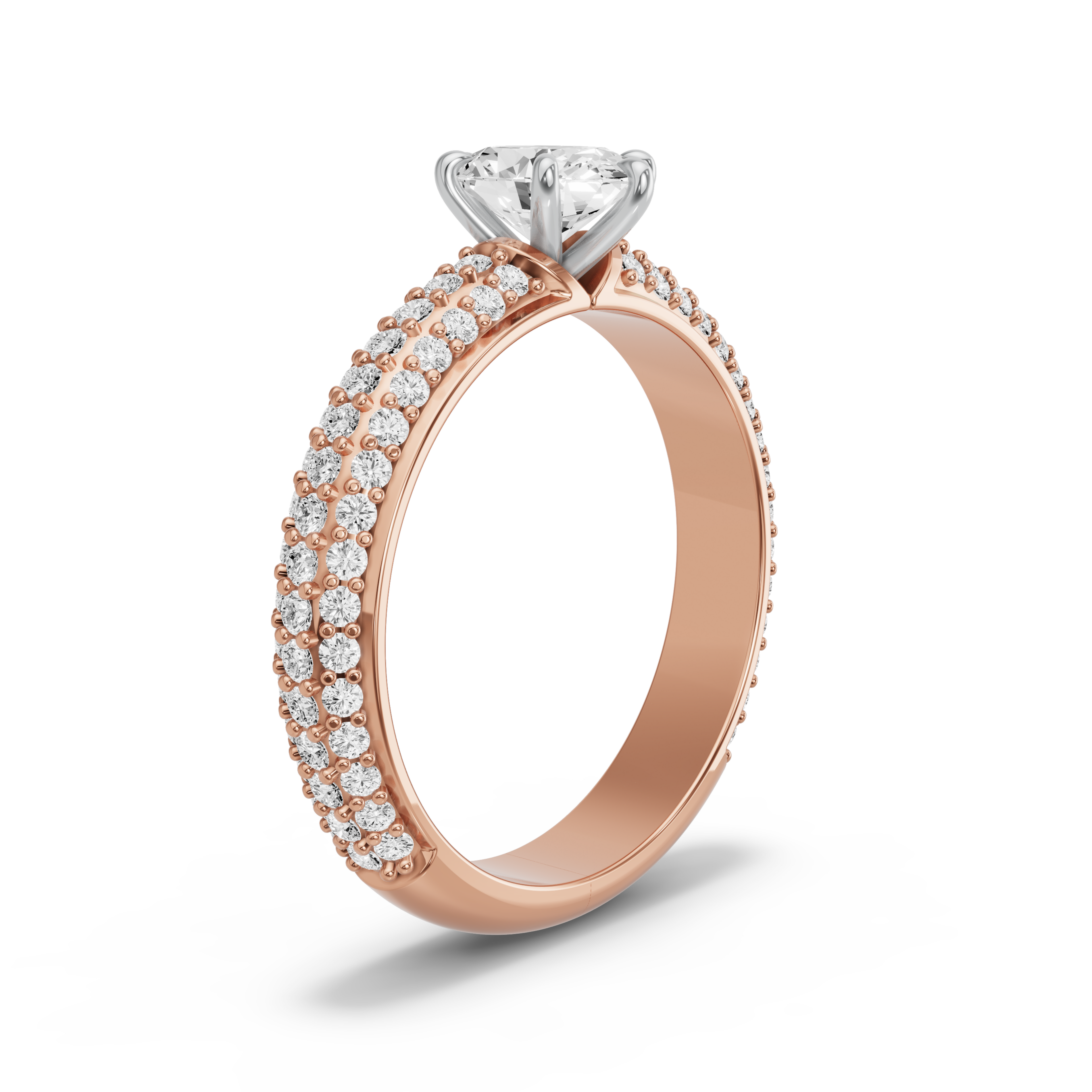 Image for Oval Six Prong Ring with Triple Row Pave band in 10K Two Tone Rose Gold