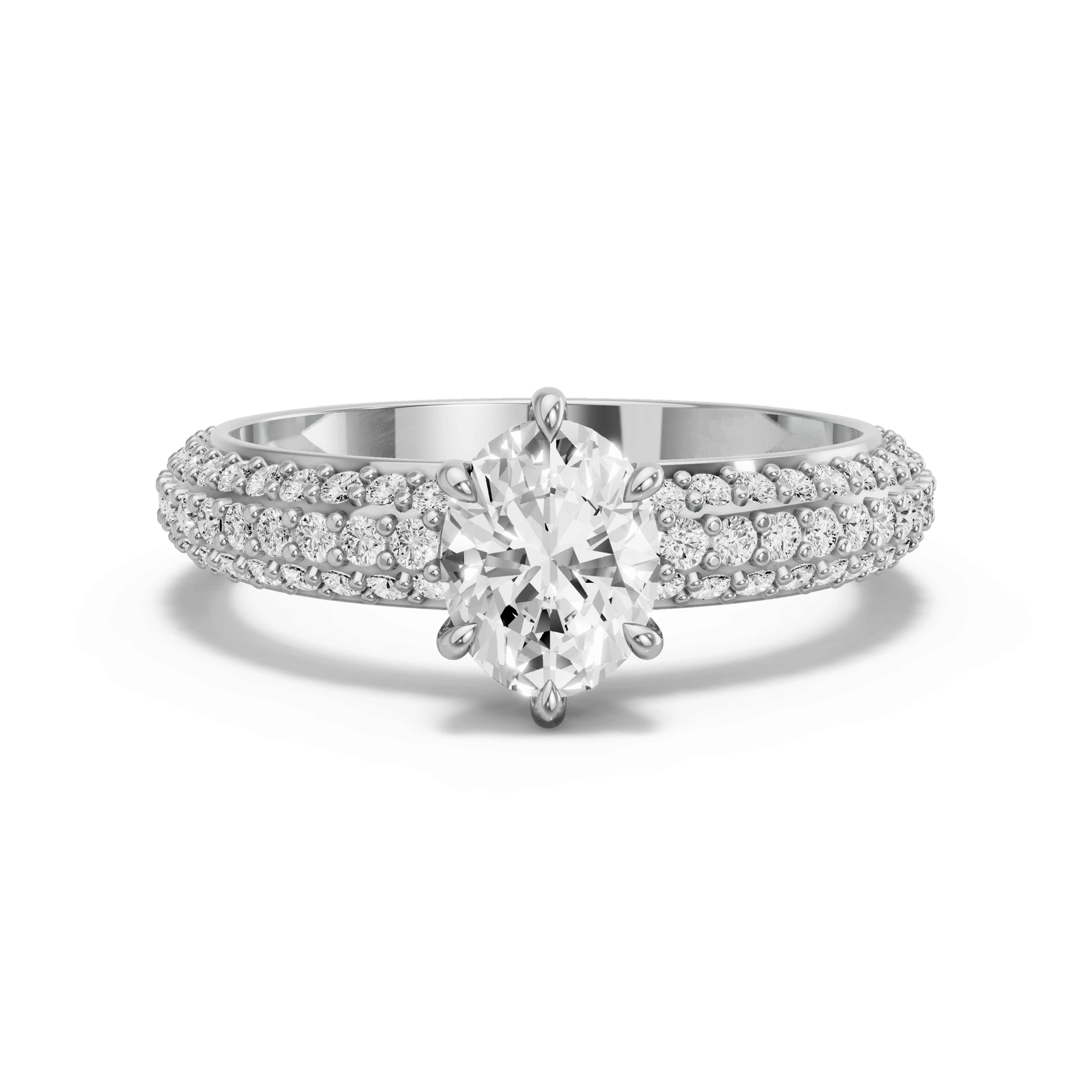 Image for Oval Six Prong Ring with Triple Row Pave band in 950 Platinum