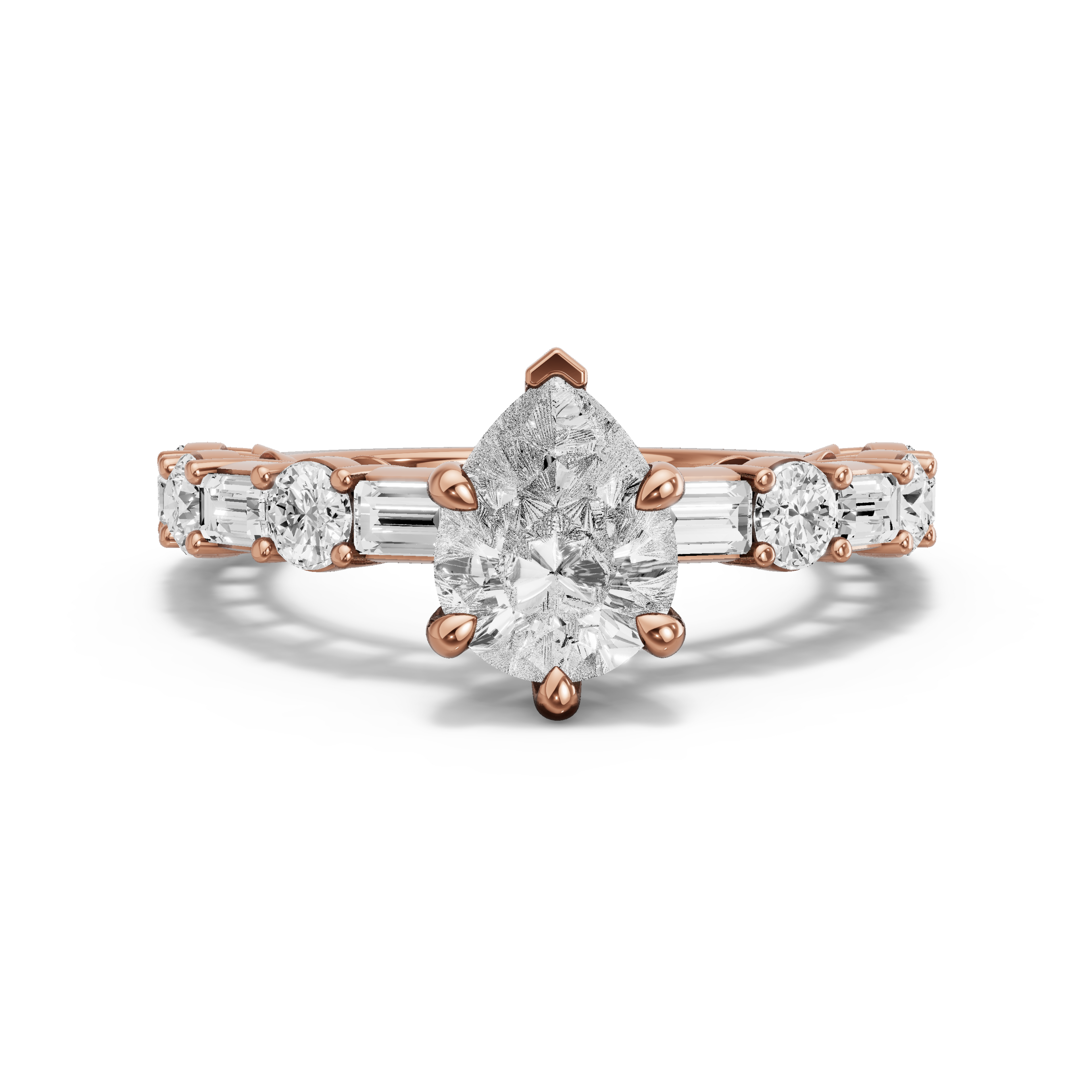 Image for Pear Six Prong Ring with Alternating Baguette band