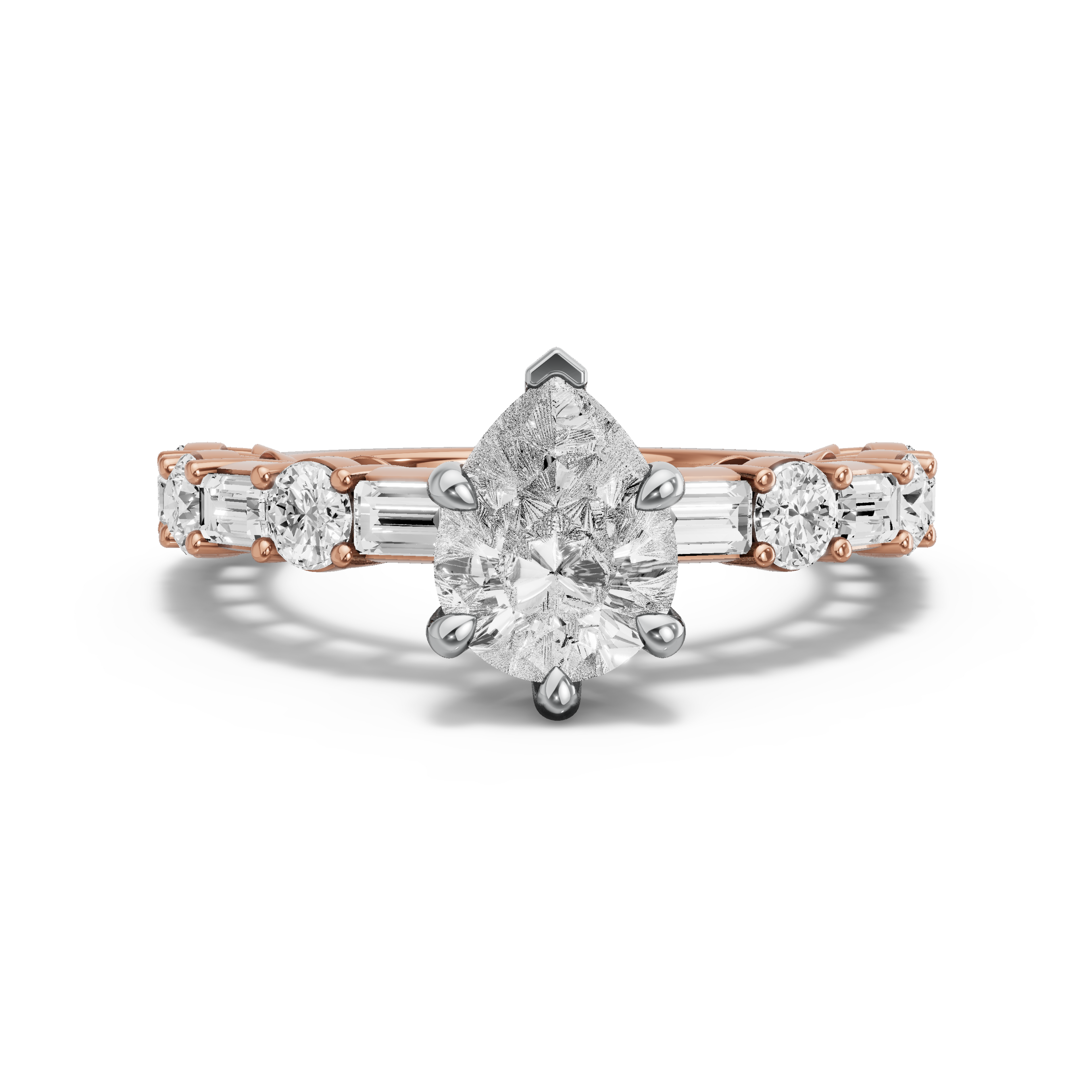 Image for Pear Six Prong Ring with Alternating Baguette band