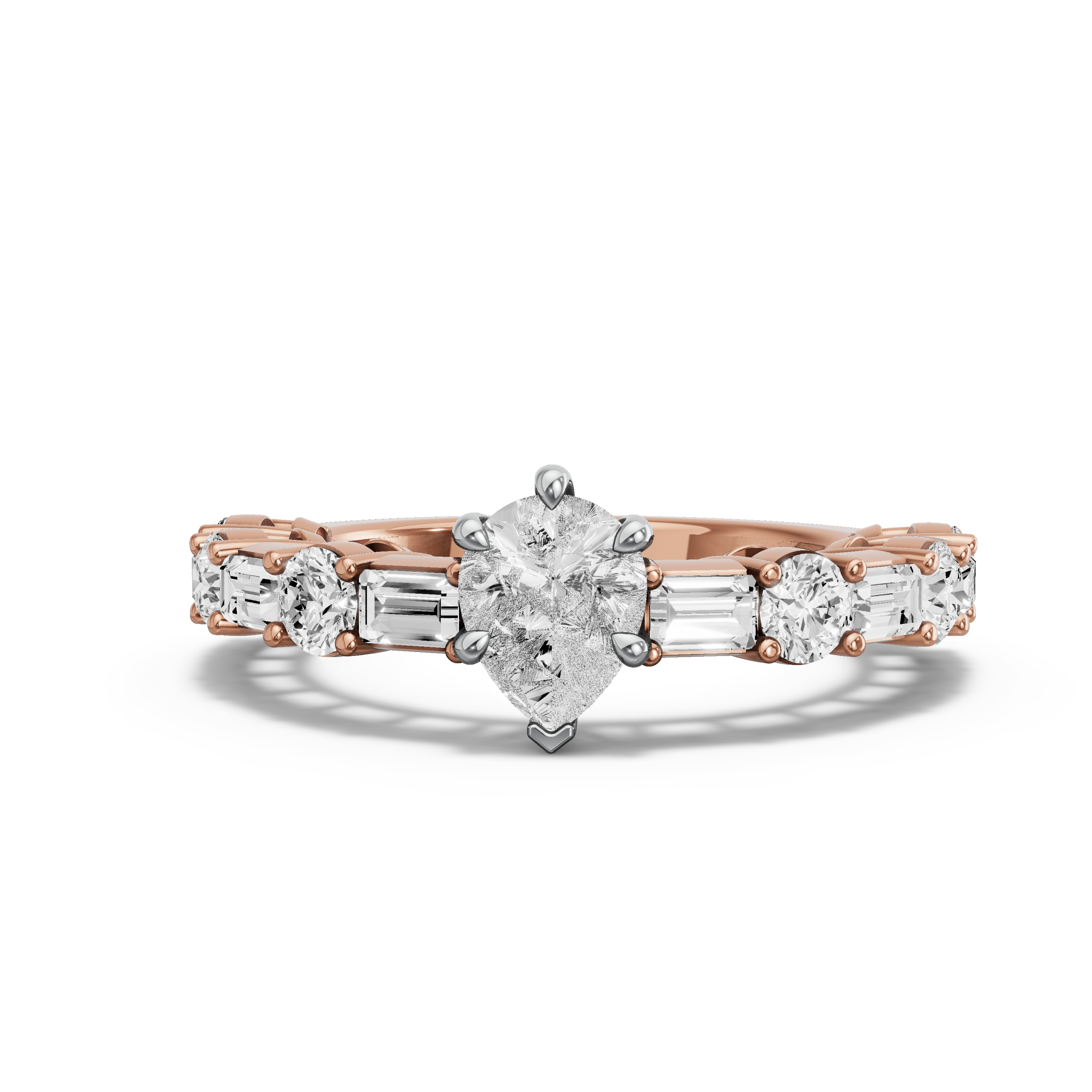 Image for pear-six-prong-ring-with-alternating-baguette-band-in-14k-two-tone-rose-gold