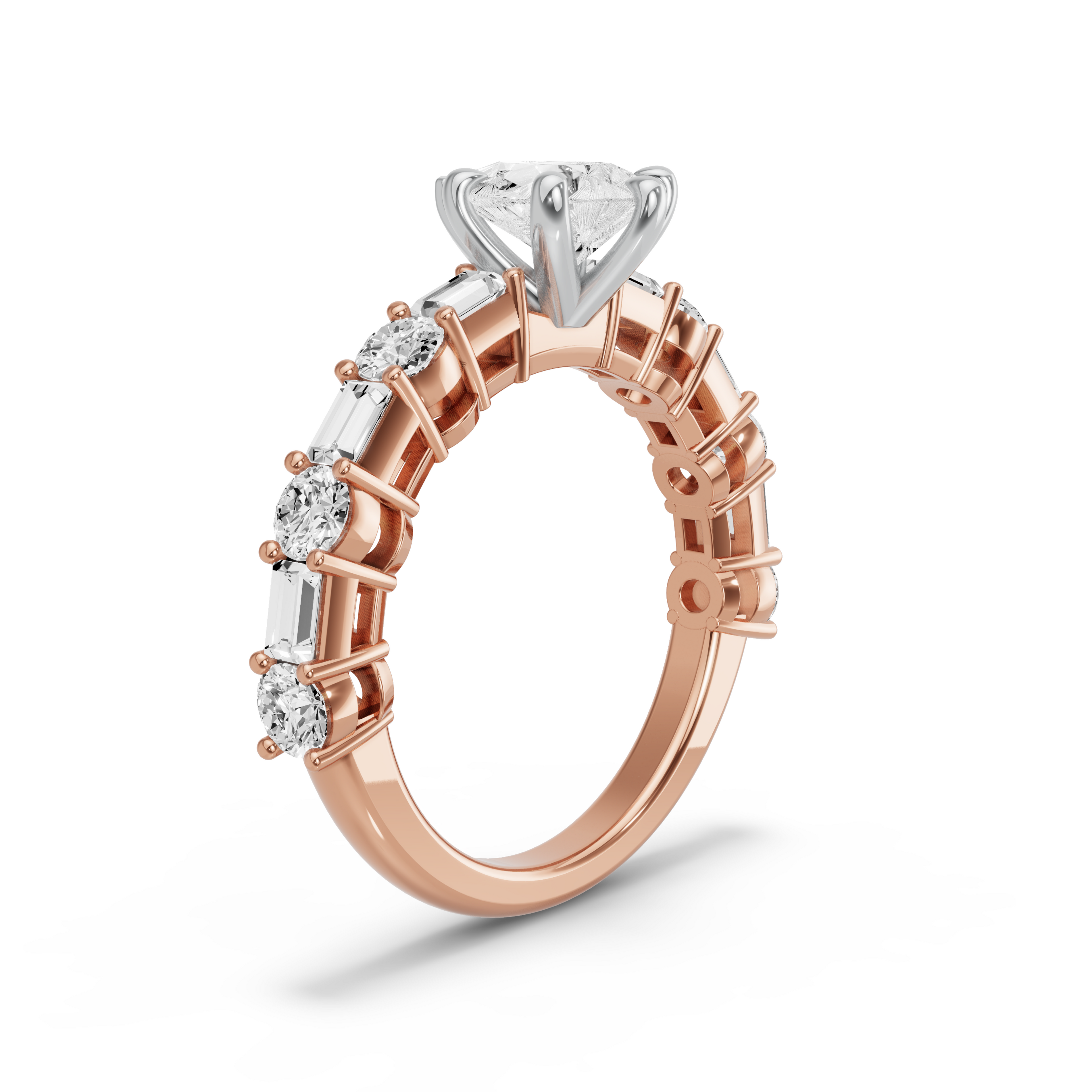 Image for Pear Six Prong Ring with Alternating Baguette band