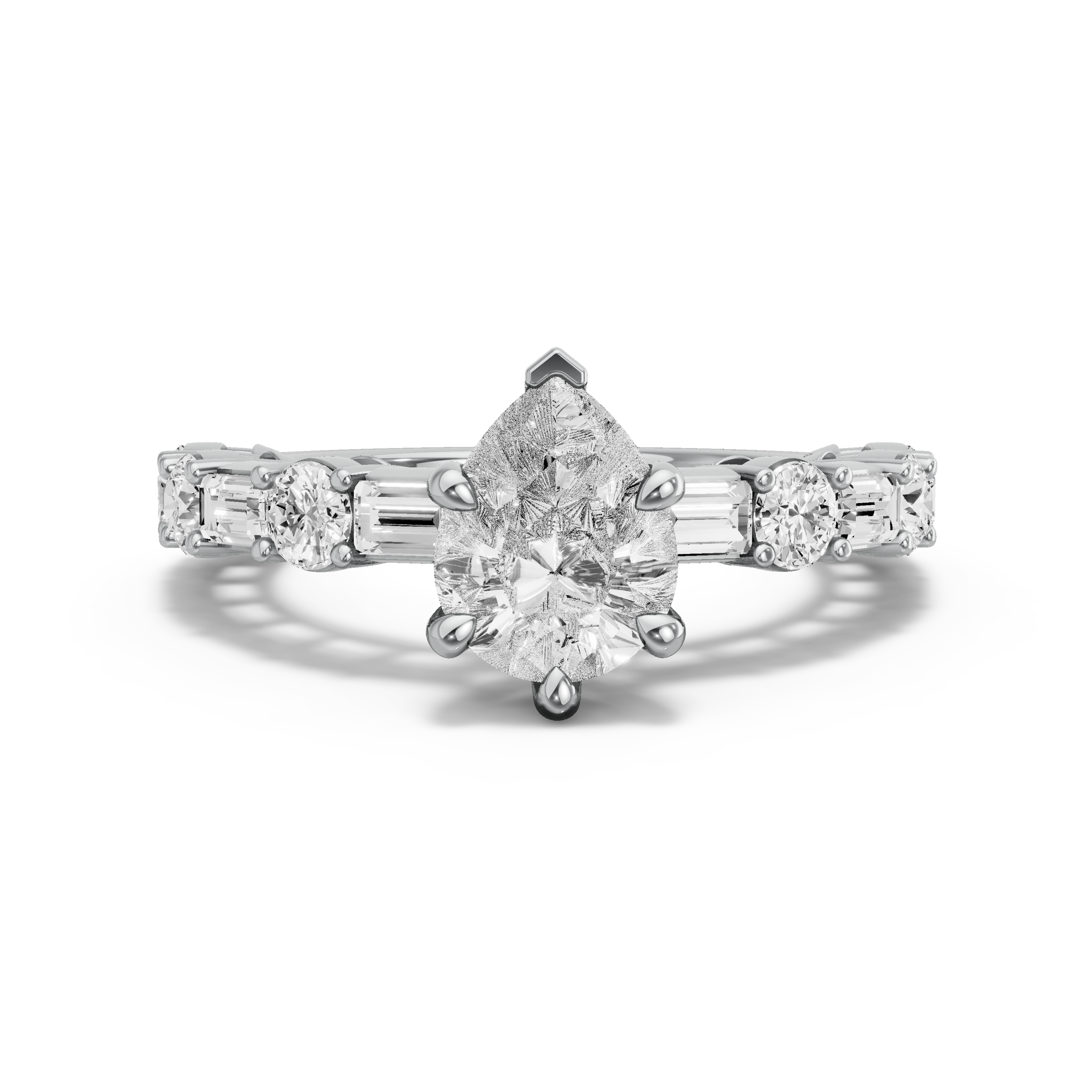 Image for Pear Six Prong Ring with Alternating Baguette band
