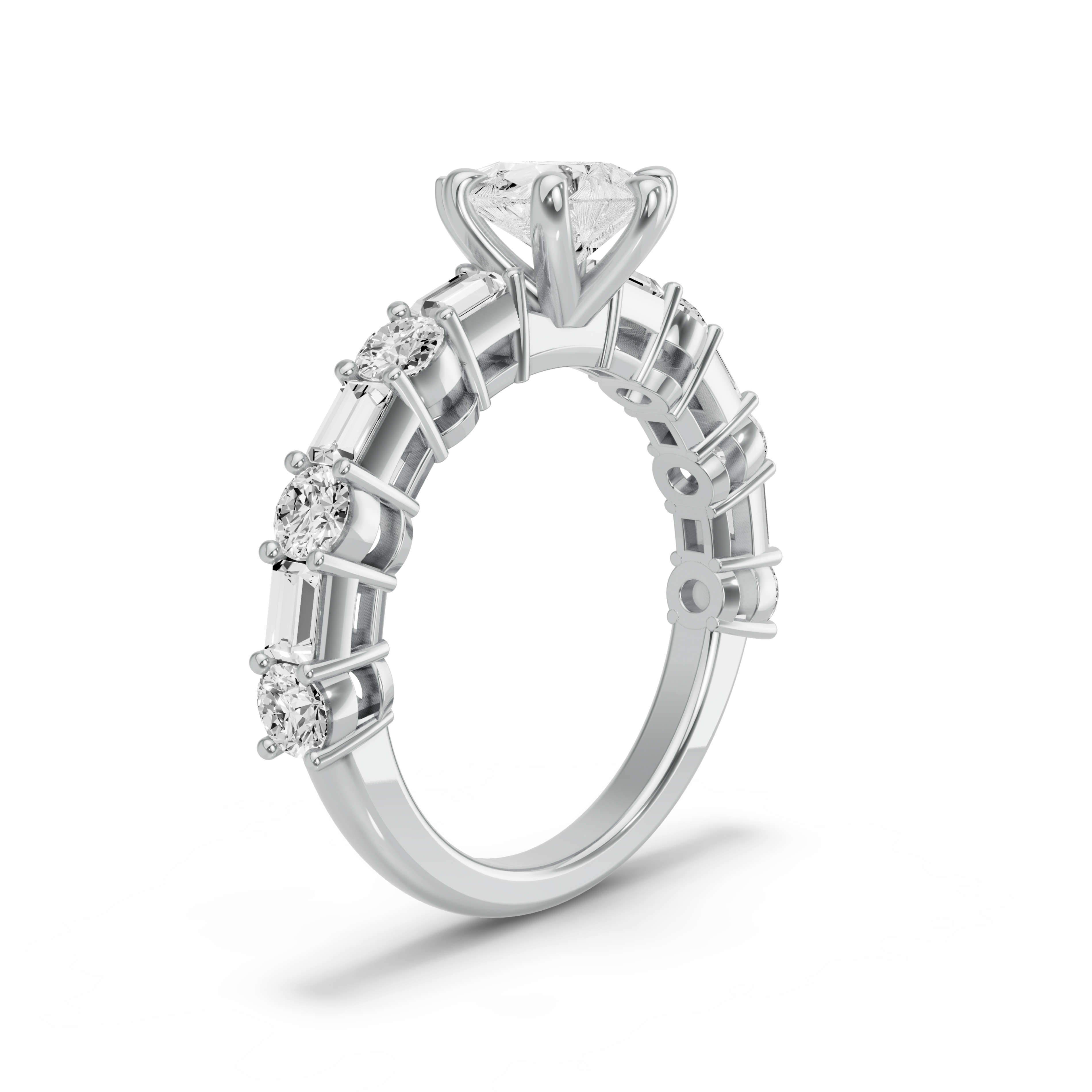 Image for Pear Six Prong Ring with Alternating Baguette band