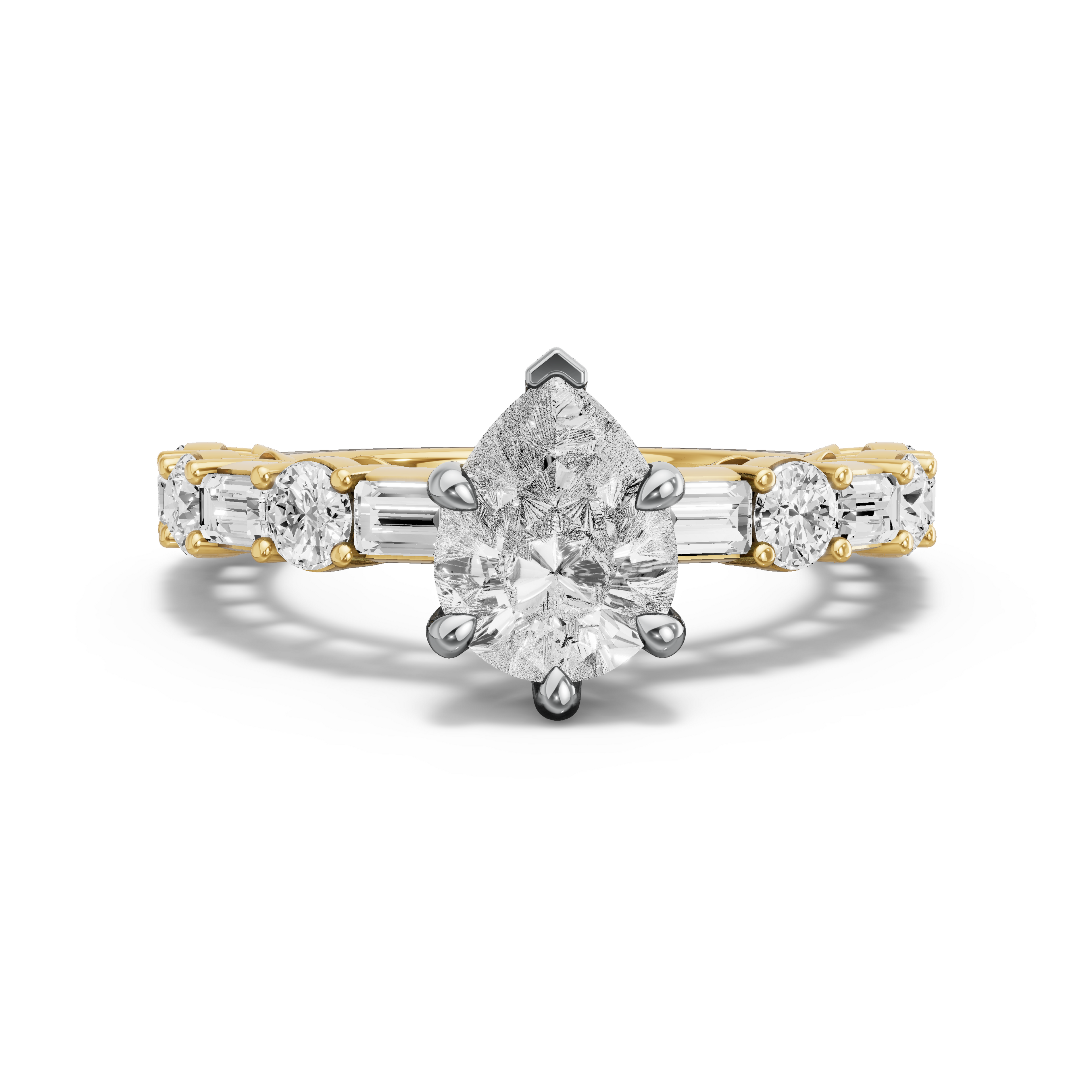 Image for Pear Six Prong Ring with Alternating Baguette band