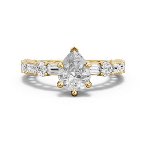 Image for Pear Six Prong Ring with Alternating Baguette band